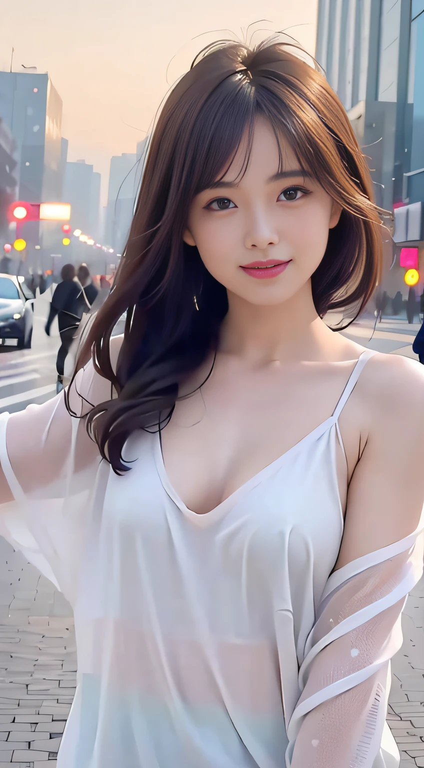 Super Smile, Random Pose, mix4, (8K, RAW photo, top quality, masterpiece: 1.2), (realistic, photorealistic: 1.37), 1 girl, cute, cityscape, night, rain, wet, professional lighting, photon mapping, radiosity, physically based rendering, gradient brunette hair, short curly, handsome, girly, white ball set, excellent image quality(High Definition), 1080p, (Clear Face), (Detailed Facial Description), (Detailed Hand Description), (Masterpiece), (Exquisite CG), Extreme Light and Shadow, disheveled Hair, Masterpiece, Rich Detail, (Exquisite Facial Features), (Best Image Quality), (Masterpiece), (Eye for Detail), Looking Eyes, Delicate Clavicle