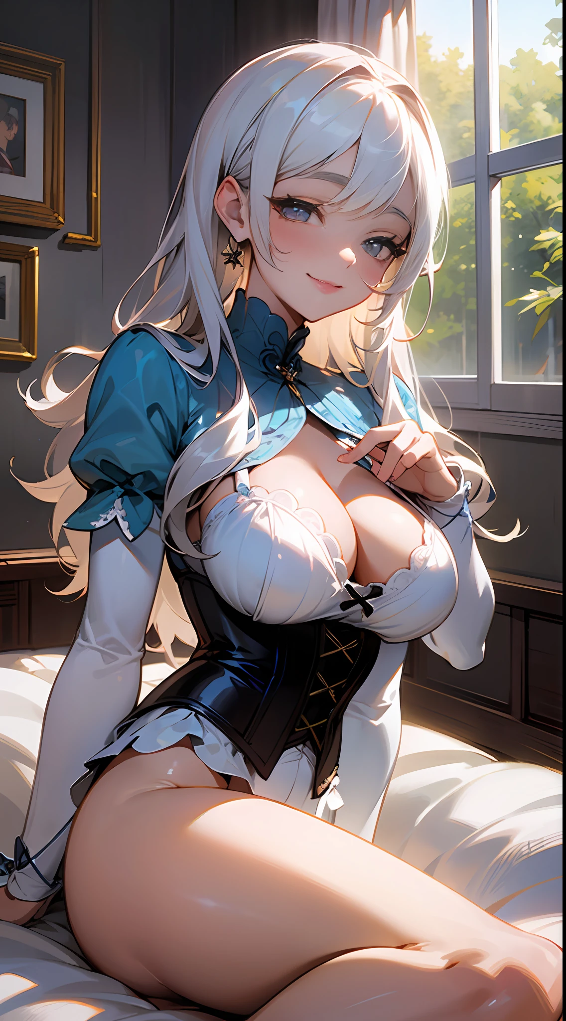 ((masterpiece))、ultra-detailliert、Beautuful Women、Long grey hair、heavy make-up、age19、a smile、looking in camera、(Wearing a detailed white corset)、large full breasts、thick leg、A sexy、inside in room、Sleeping in bed、Detailed room with bright colors、(light through the window)、Natural luminescence --auto --s2