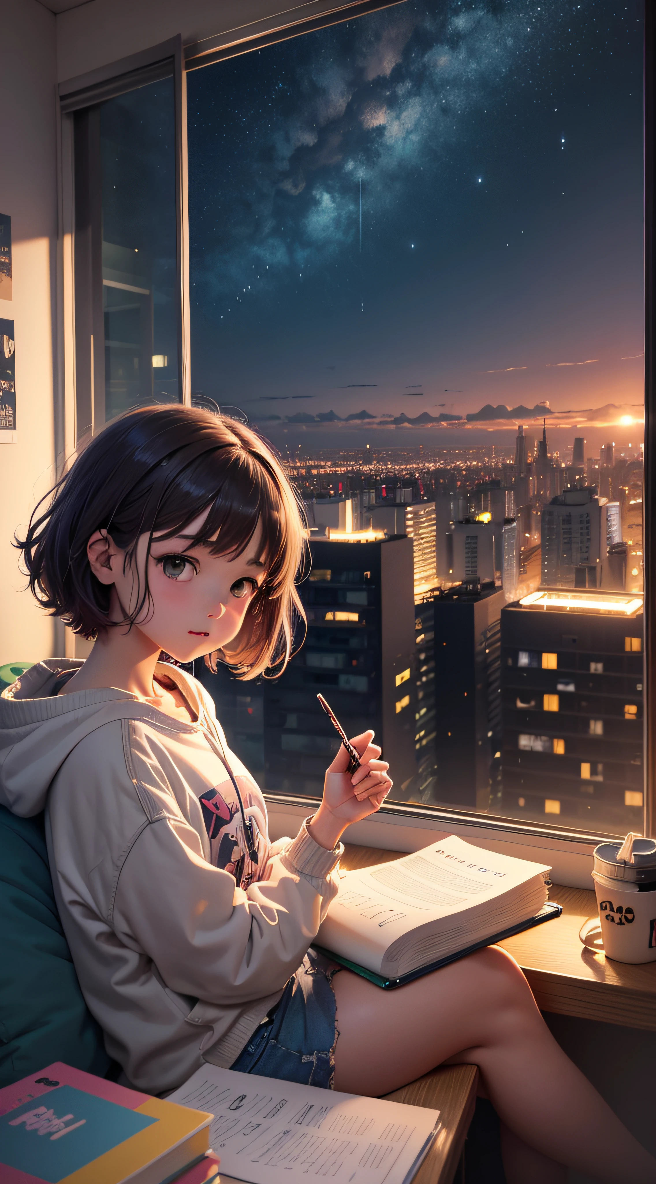 Lofi Music Anime Illustrations, uma menina em um quarto estudando, com livros, um notebook com uma pela vista de uma cidade a noite, escutando musicas enquanto se concetra nos estudos, uma atmosfera agradavel e um pouco escuro o quarto --auto
