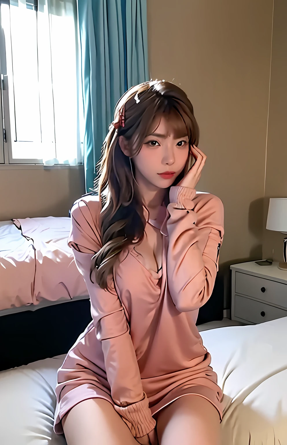 a girl with big brests with no cloths, inside a bedroom, sitting in bed, tuching her right brest with left hand. touching her face with right hand
