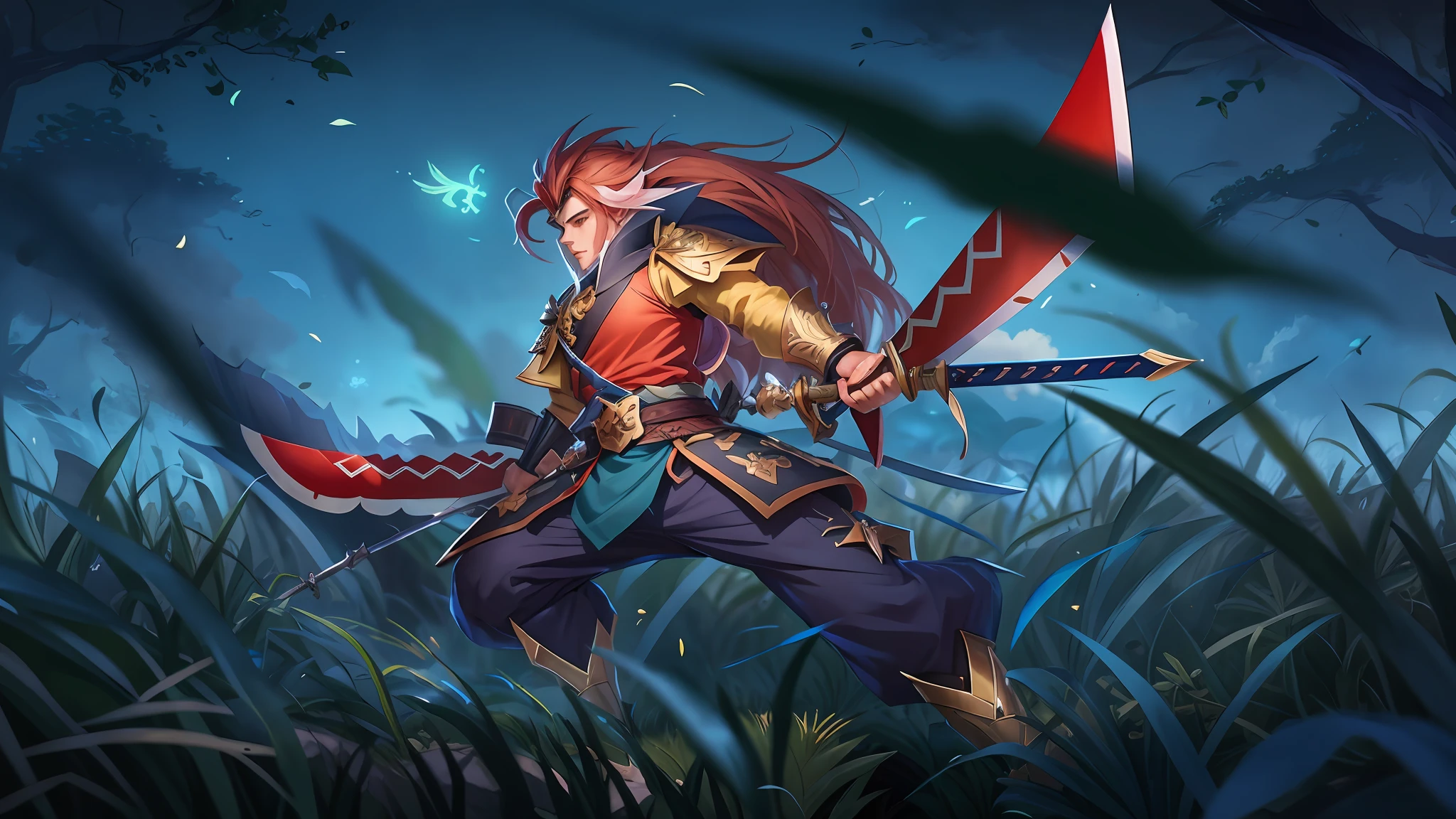 Anime characters with sword and sword on the battlefield, Lush greenery,A plant,Onmyoji detailed art, league of legends style art, G Liulian art style