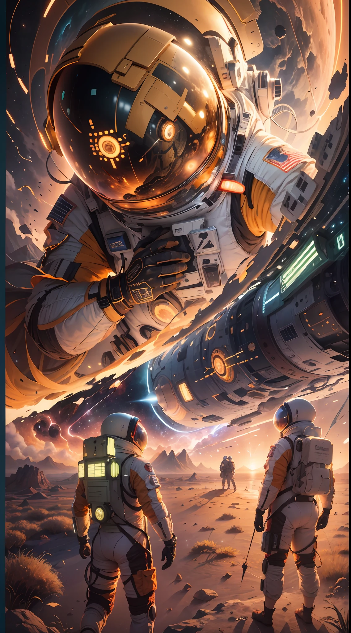 ((Masterpiece)), (Best Quality)), 8K, high detail, hyper-detail, the painting depicts a scene of breathtaking magnificent spatial images. The picture shows a man wearing a spacesuit, facing back, looking at a red glowing planet in space. The scenes are extremely detailed and the clarity is extraordinary, capturing every intricate detail of the panorama.