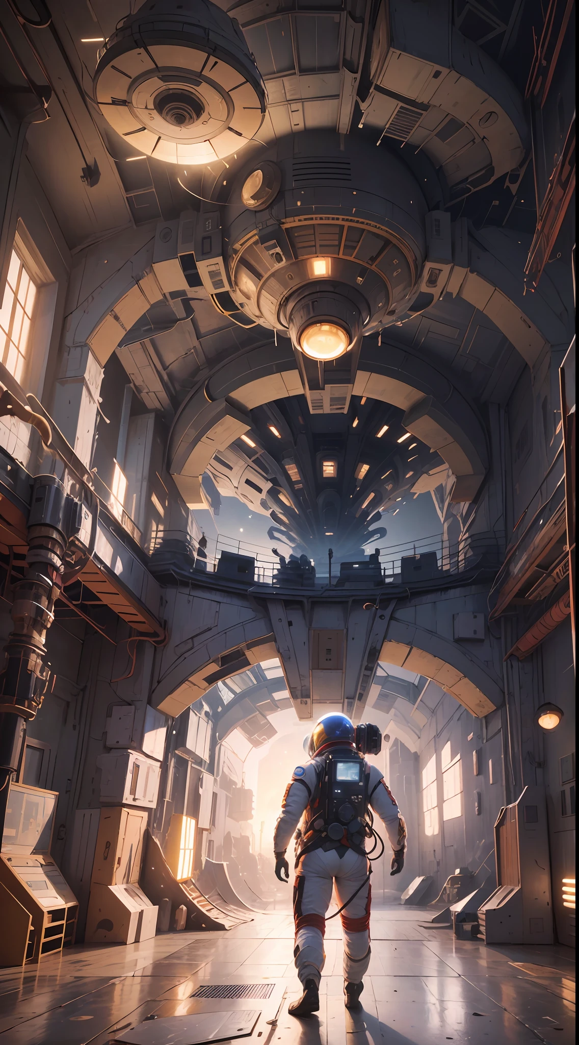 ((Masterpiece)), (Best Quality)), 8K, high detail, hyper-detail, the painting depicts a scene of breathtaking magnificent spatial images. The picture shows a man wearing a spacesuit, facing back, looking at a red glowing planet in space. The scenes are extremely detailed and the clarity is extraordinary, capturing every intricate detail of the panorama.