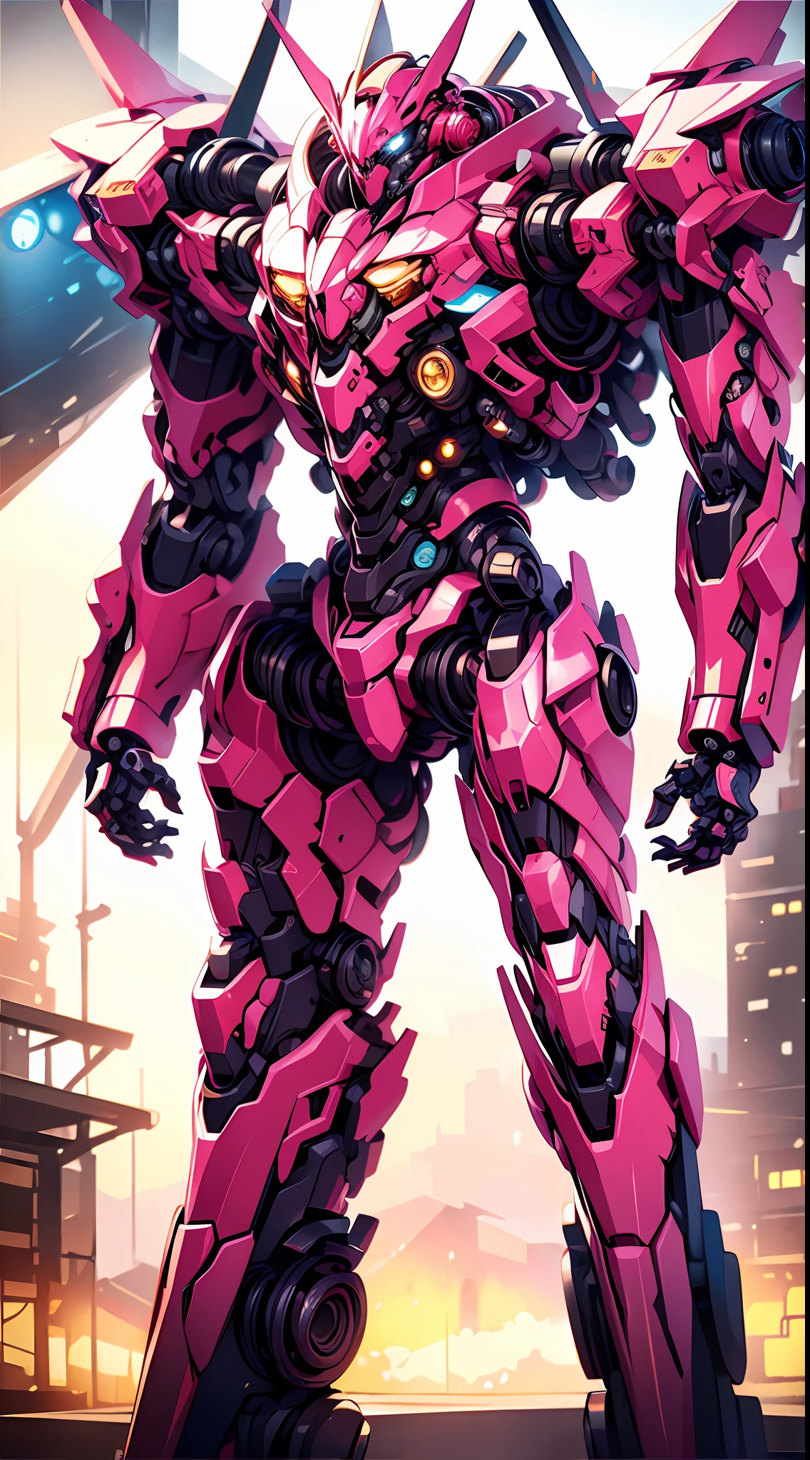 ((tmasterpiece,best qualtiy)),illustratio,Ultra-detailed 8K,Photorealsitic,Clear focus,A highly detailed,Professional lighting,Colorful detailed,Rainbow color BREAK factory super long shot,(1. Large mechanical robot),In pink,micro Chip,computers,with light glowing,Complicated details,Shitu-mecha,(((Red Mech 1.4)))