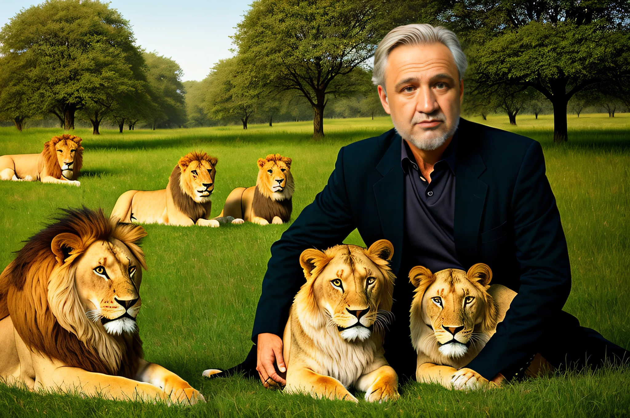 Araffes of lions and a man sitting on the grass, photographer art wolfe, foto retrato, Directed by: Derek Zabrocki, frans lanting, foto deslumbrante, lions, national geographic photo shoot, inspirado em Martin Schoeller, Directed by: Dietmar Damerau, amazing background, Directed by: Juergen von Huendeberg, Directed by: Scott M. Fischer, majestosa obra-prima