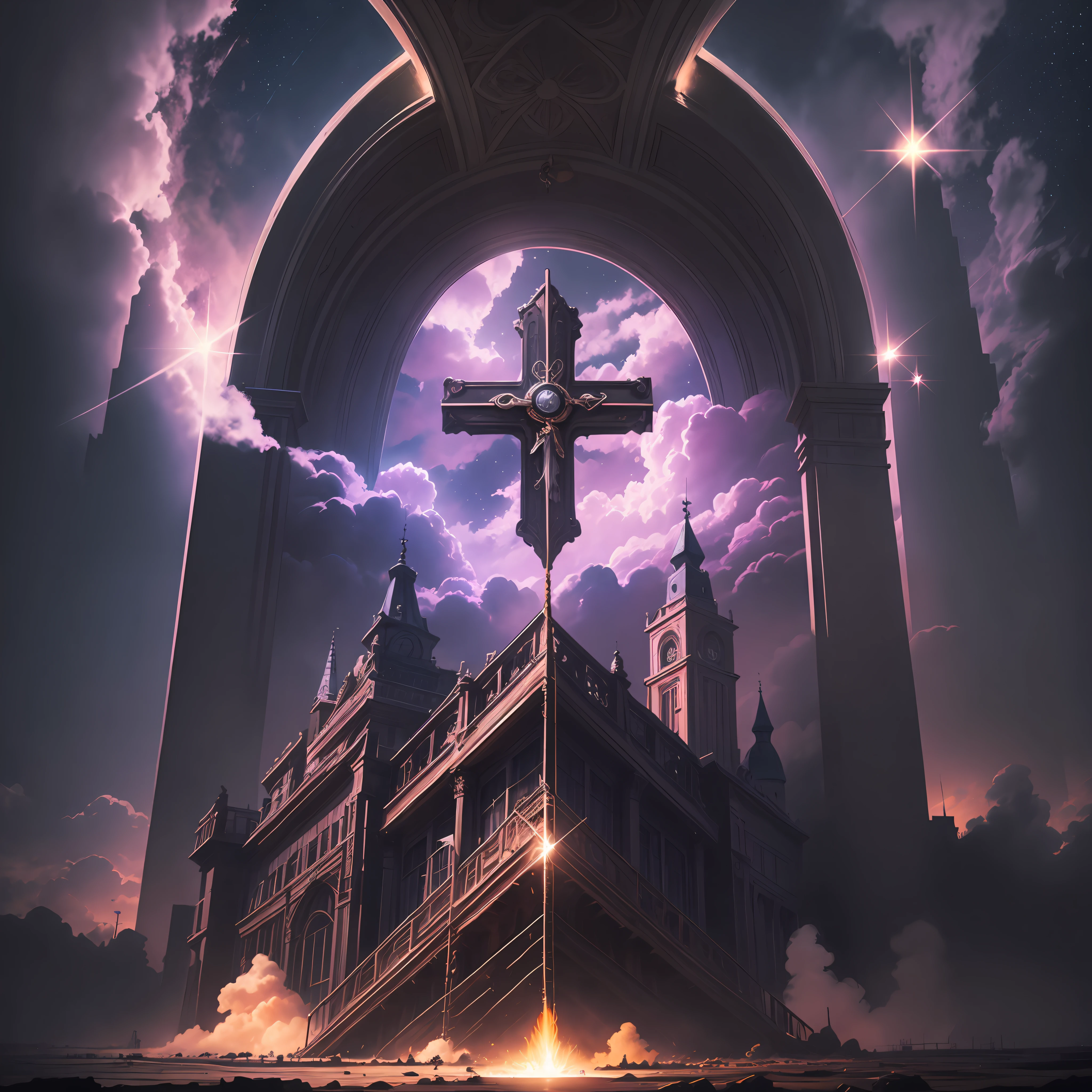 neo-classical, conceptual art, Gothic art, Ray tracing, Sparkle, Ultra-wide angle, kanon, f/4.0, hyper HD, 巨作, Best quality, A high resolution, Award-Awarded, 16k,Alchemy,steampunc,Pause the Bible,the bats,Hang the cross,dreamy sky,Pinkish-purple clouds,