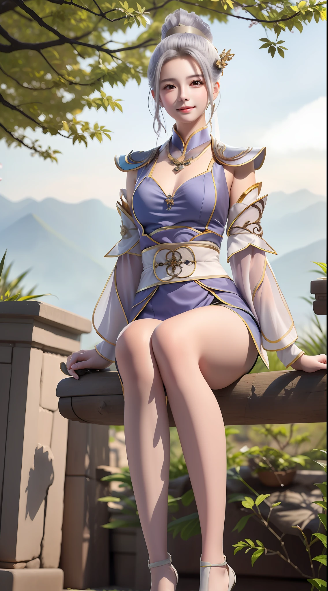tmasterpiece,best qualityer,1girll,独奏,(buliding:1.3),(sitting under a tree:1.3),(Falling petals:1.2),(Hanfu:1.3),Han Yue,eventide