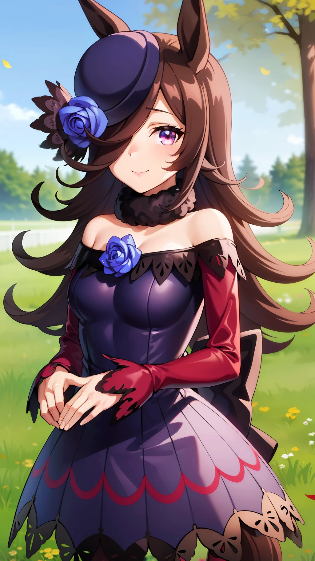 a woman in an anime style dress is standing in some flowers in the grass, 1girl, solo, long hair, horse ears, outdoors, dress, big eyes, off-shoulder dress, pantyhose, hat, pretty girl, off shoulder, looking at viewer, smile, brown hair, bare shoulders, tree, tilted headwear, breasts