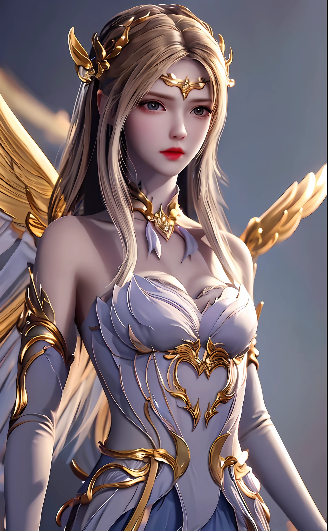 ((masterpiece, best quality;1.3)), ultra - detailed，plethora of colors，extremely detailed and beautiful background，1girl，独奏，highly detailed beautiful face，beautiful  face，Angelic，Detailed angel costume in gold，Wings Angel，feater，Fantasy landscape，epic,The sword,holdingsword,undefined,Qiancheng Xue,seminude，Lie with a towel