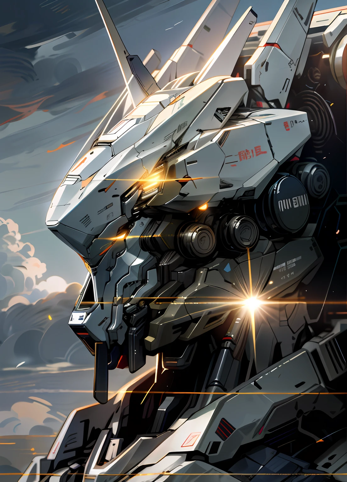 Skysky，​​clouds，Holding_arma，No_Humanity，with light glowing，，droid，buliding,，火焰，Glowing_Eyes，Mecha，scientific fiction，城市，Realistis，Mecha