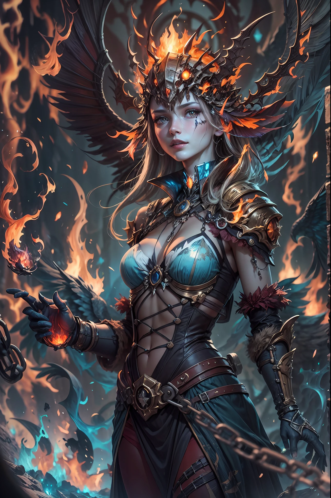 a beautiful demonic sorceress conjuring fire,standing and looking at viewers, various burning chains around her,(((detailed perfect face))),light smile, beautiful face, seductive body,tall body, mature body, BREAK burning aura, fire balls, orange and yellow spark dazzling around, small blue phoenix flying in the background, lava on the ground, magma, sexy body BREAK,Detailed,Realistic,4k highly detailed digital art,octane render, bioluminescent, BREAK 8K resolution concept art, realism,by Mappa studios,masterpiece,best quality,official art,illustration,ligne claire,(cool_color),perfect composition,absurdres, fantasy,focused,rule of thirds,