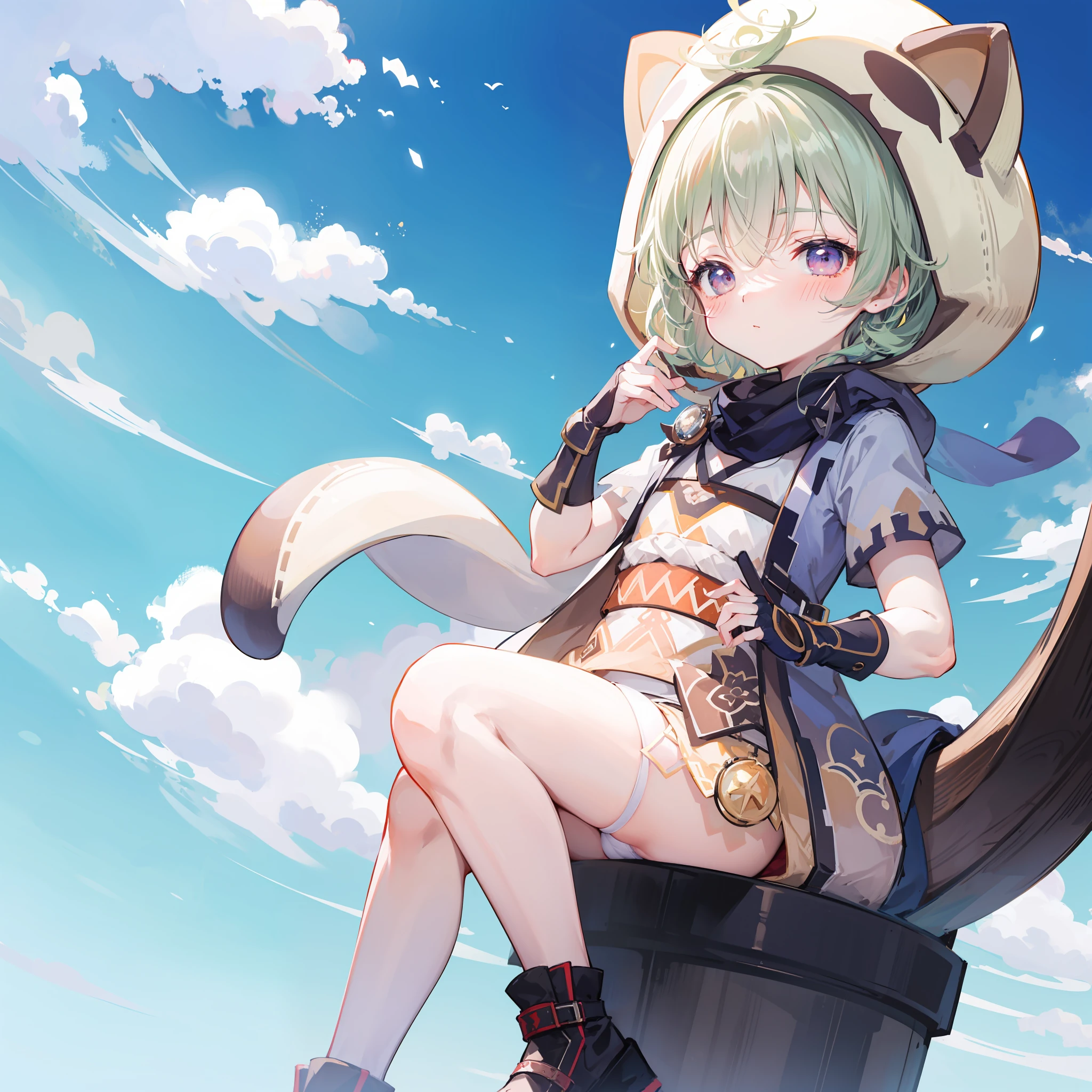 blush, outdoor, daytime, simple background, blue sky, rippled hair, sky, looking at the audience, , very cute expression, small short legs, avatar, panties, white tights