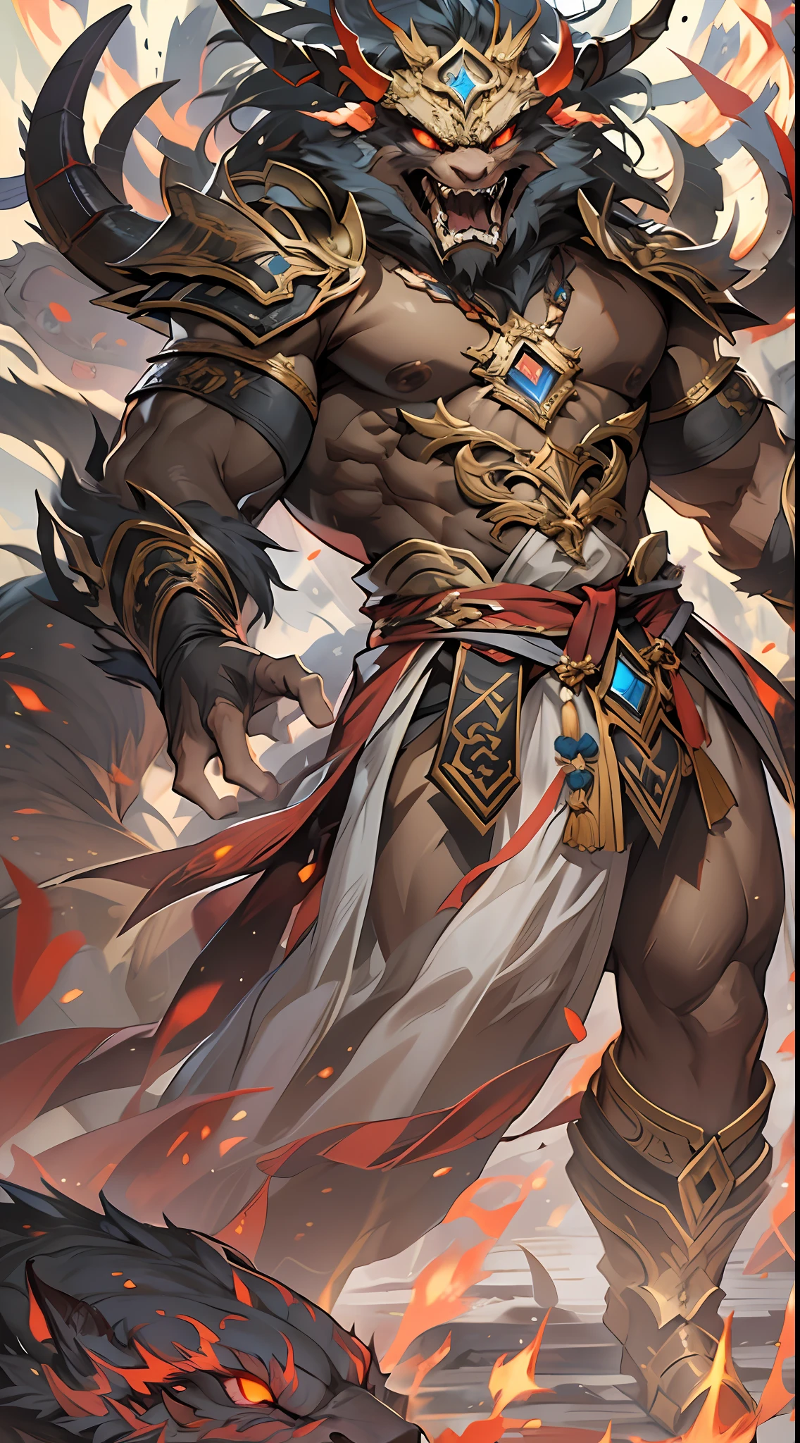 Li Gu exudes an aura of victory, having successfully defeated the invaders. However, there is still a significant gap in strength between them and Li Gu, and the Divine Beast Alliance and the Demon God Alliance have no intention of letting them go, , 32k, best quality, masterpiece, super detail, high details,