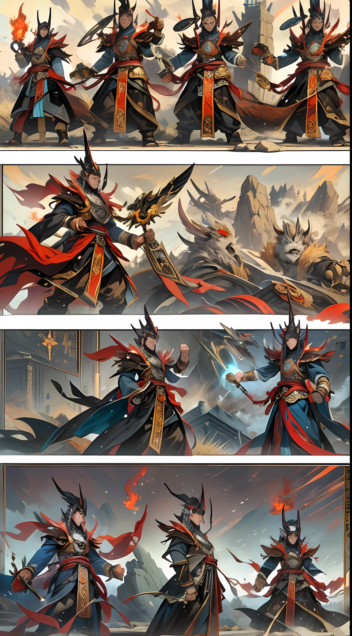 Li Gu exudes an aura of victory, having successfully defeated the invaders. However, there is still a significant gap in strength between them and Li Gu, and the Divine Beast Alliance and the Demon God Alliance have no intention of letting them go, , 32k, best quality, masterpiece, super detail, high details,