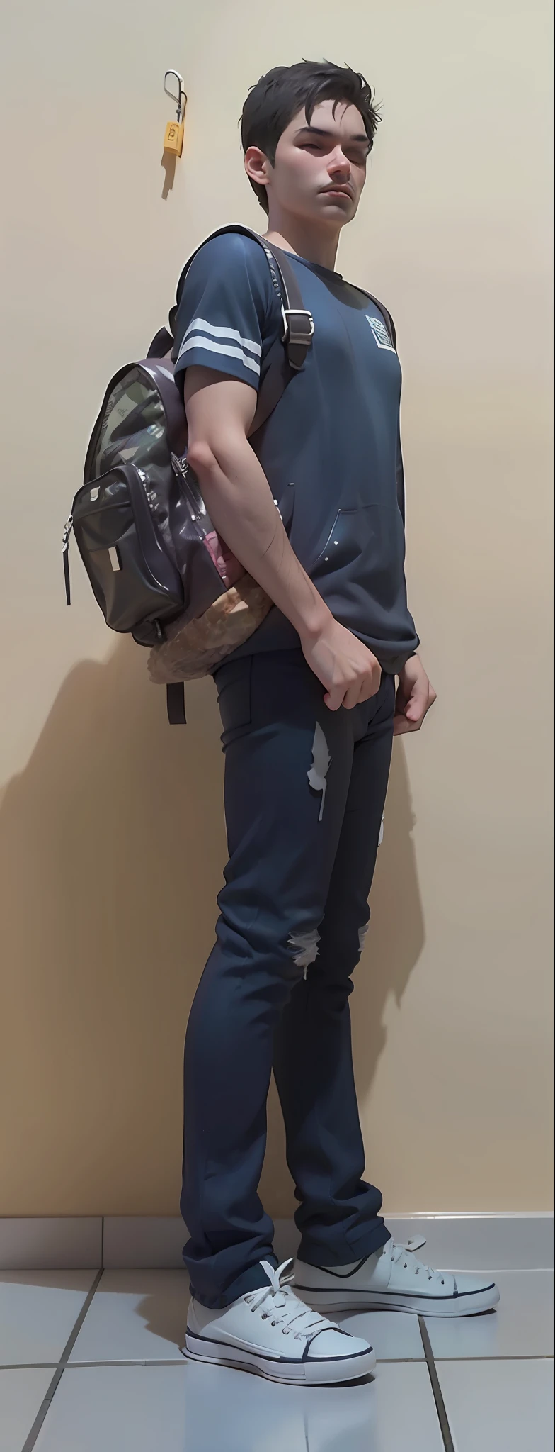 There is a young man standing in a room with a backpack, imagem de corpo inteiro, Perfil de corpo inteiro, full body profile camera shot, foto da roupa, tiro de corpo inteiro!!, tiro de corpo inteiro, usando camuflagem, zoomed out full body, Pose casual, full body photogenic shot, distant full body view, corpo inteiro!, dessaturados!!, imagem de qualidade muito baixa