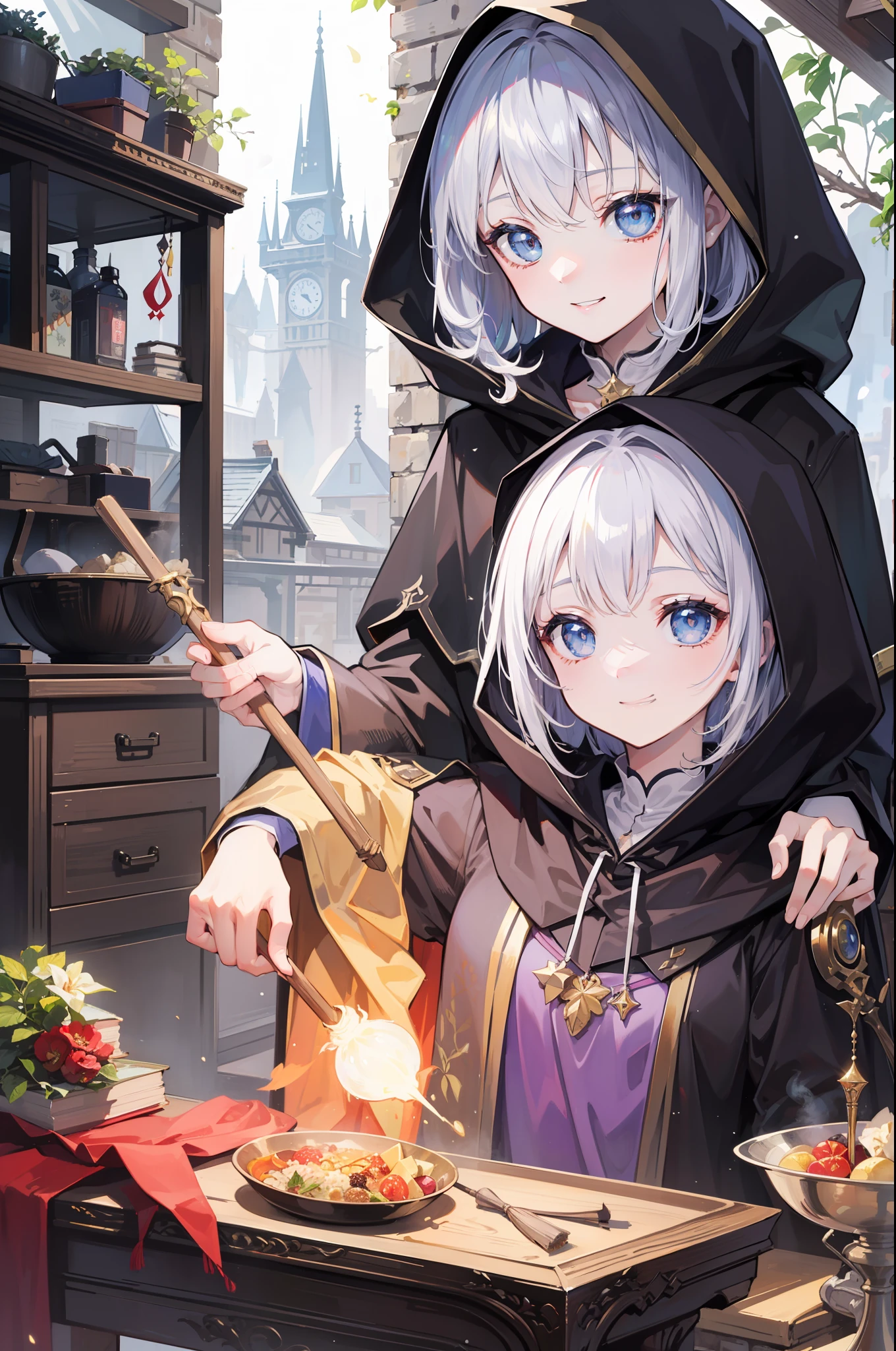 masterpiece, top-quality, One young wizard、cute little、magic wands、Magic broom、medicinal herbs、Magic House、Magic Kitchen、detailed and beautiful faces、beautidful eyes、seducting smile、majutsu、magical fantasy、in isekai、cloaks、Hooded、FULL BODYSHOT、Dynamic angles、Magic costume、