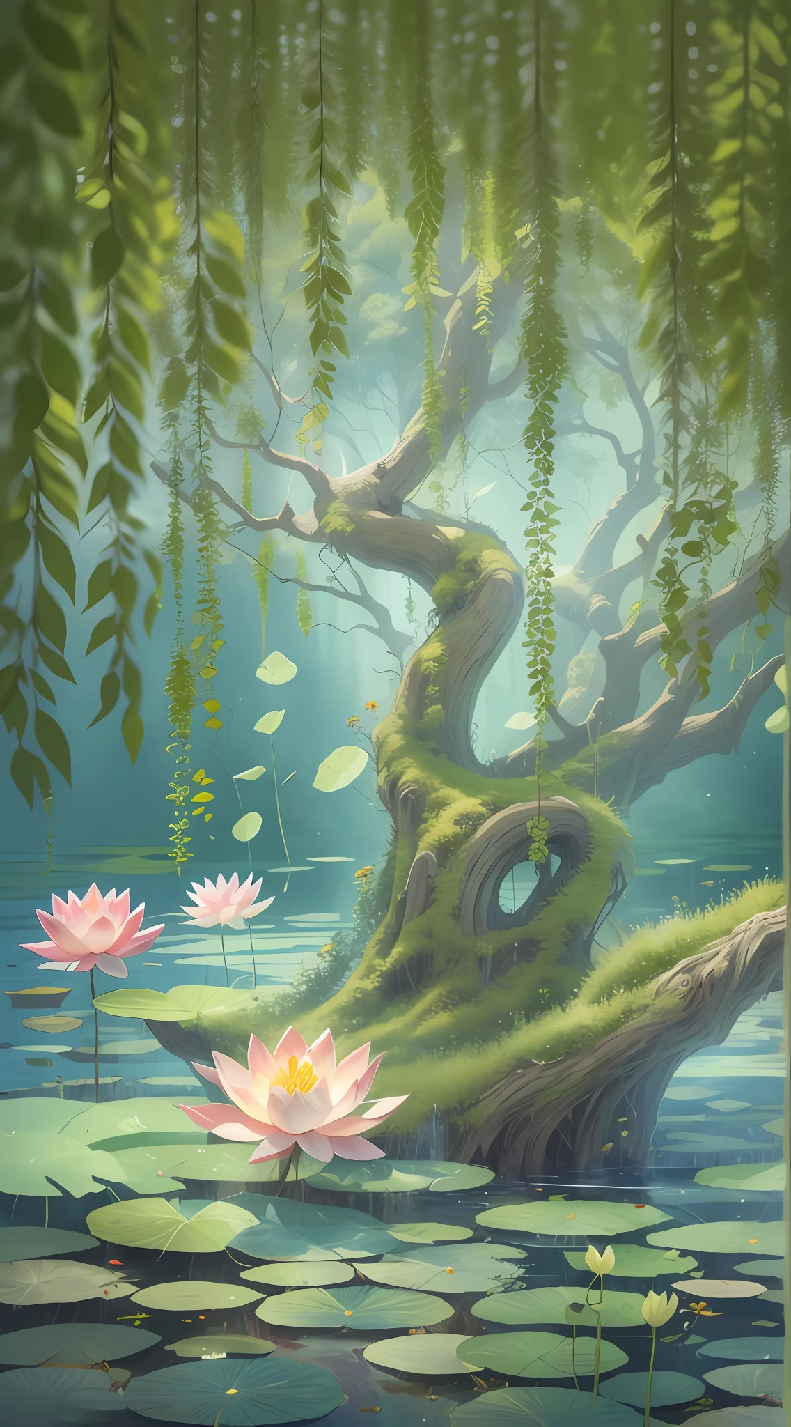 Draw a tree,The trunk is covered with moss,Flowers in a pond, mystical forest lagoon, fantasy magical vegetation, Fantasy Tree, Anime Nature, Fantasy Forest, whimsical fantasy landscape art, anime nature wallpap, Peaceful elf forest, Loish et WLOP, art nouveau jungle environment, A beautiful artwork illustration, fantasy forest landscape, anime beautiful peace scene, a fantasy forest