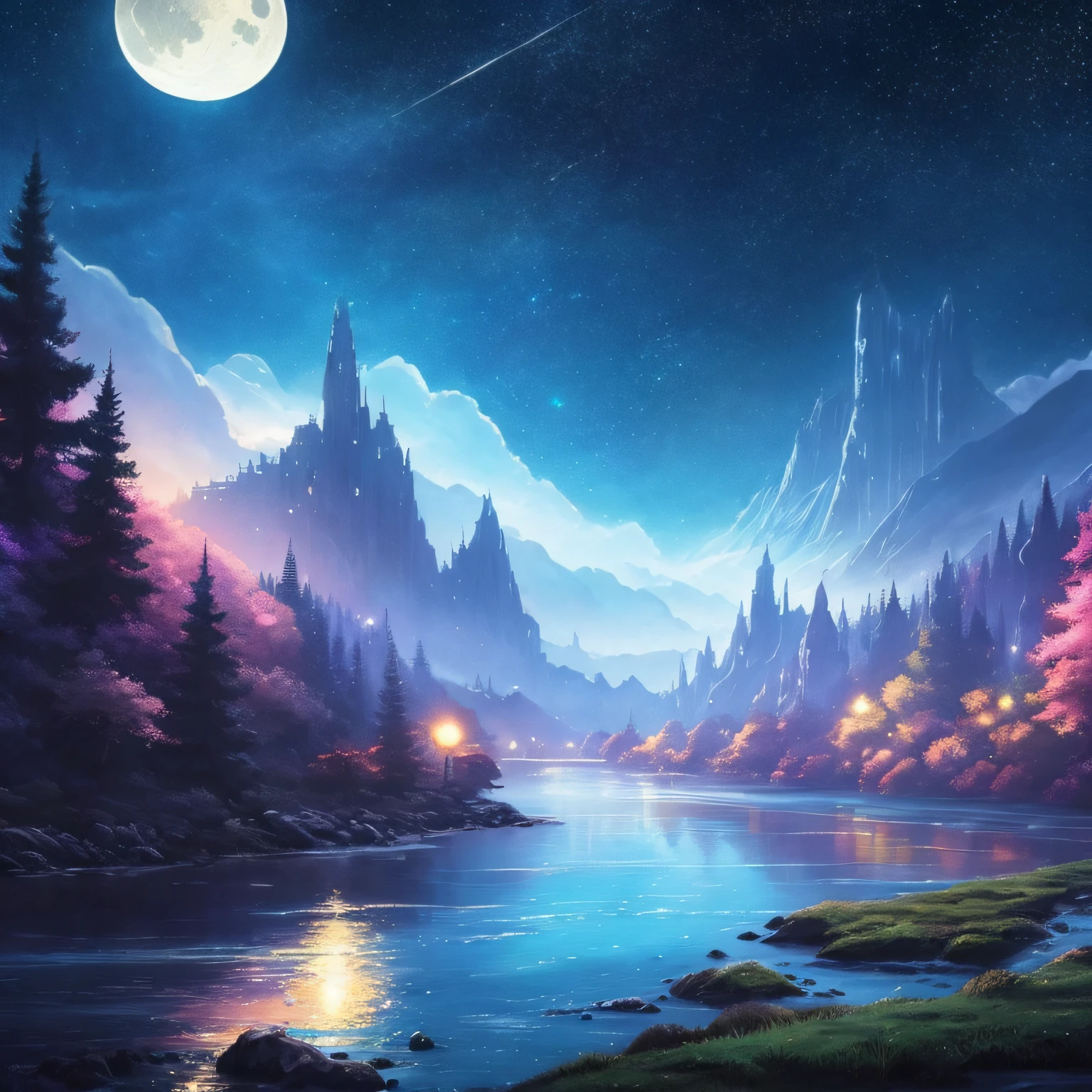 A painting of a river with stars and moon in the sky, concept art inspired by Tosa Mitsuoki, pixiv contest winner, best quality, fantasy art, beautiful anime scene, a bright moon, moonlit starry environment, dream painting, Anime Background Art, Fantasy Landscape Art, Fantasy Night, Anime Background, Background Artwork, Fantastic Art, Atmospheric Anime, Starry Sky, Detail Enhanced. --auto