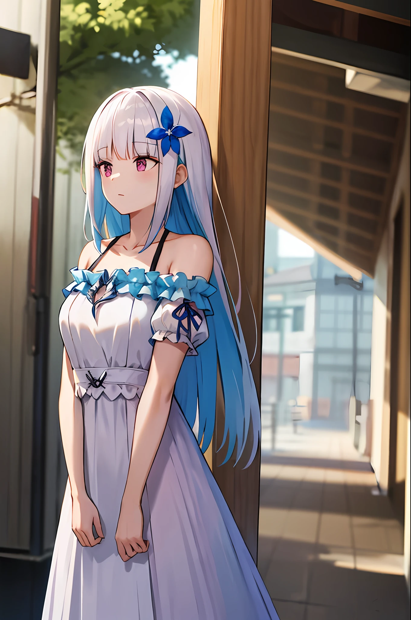 masterpiece, best quality, highres, lh1, hair flower, long hair, white dress,  shoulders, collarbone, short sleeves, cowboy shot, standing, outdoors,