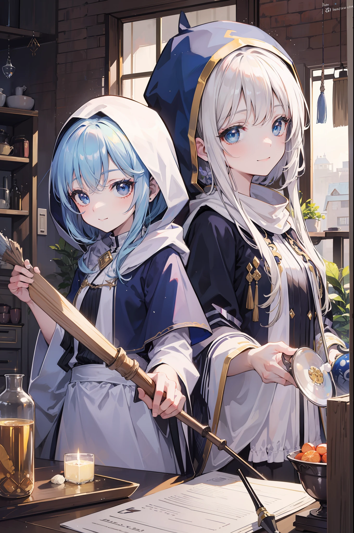 ​masterpiece, top-quality, One young wizard、cute little、magic wands、Magic broom、medicinal herbs、Magic House、Magic Kitchen、detailed and beautiful faces、beautidful eyes、seducting smile、majutsu、magical fantasy、in isekai、cloaks、Hooded、FULL BODYSHOT、Dynamic angles、Magic costume、