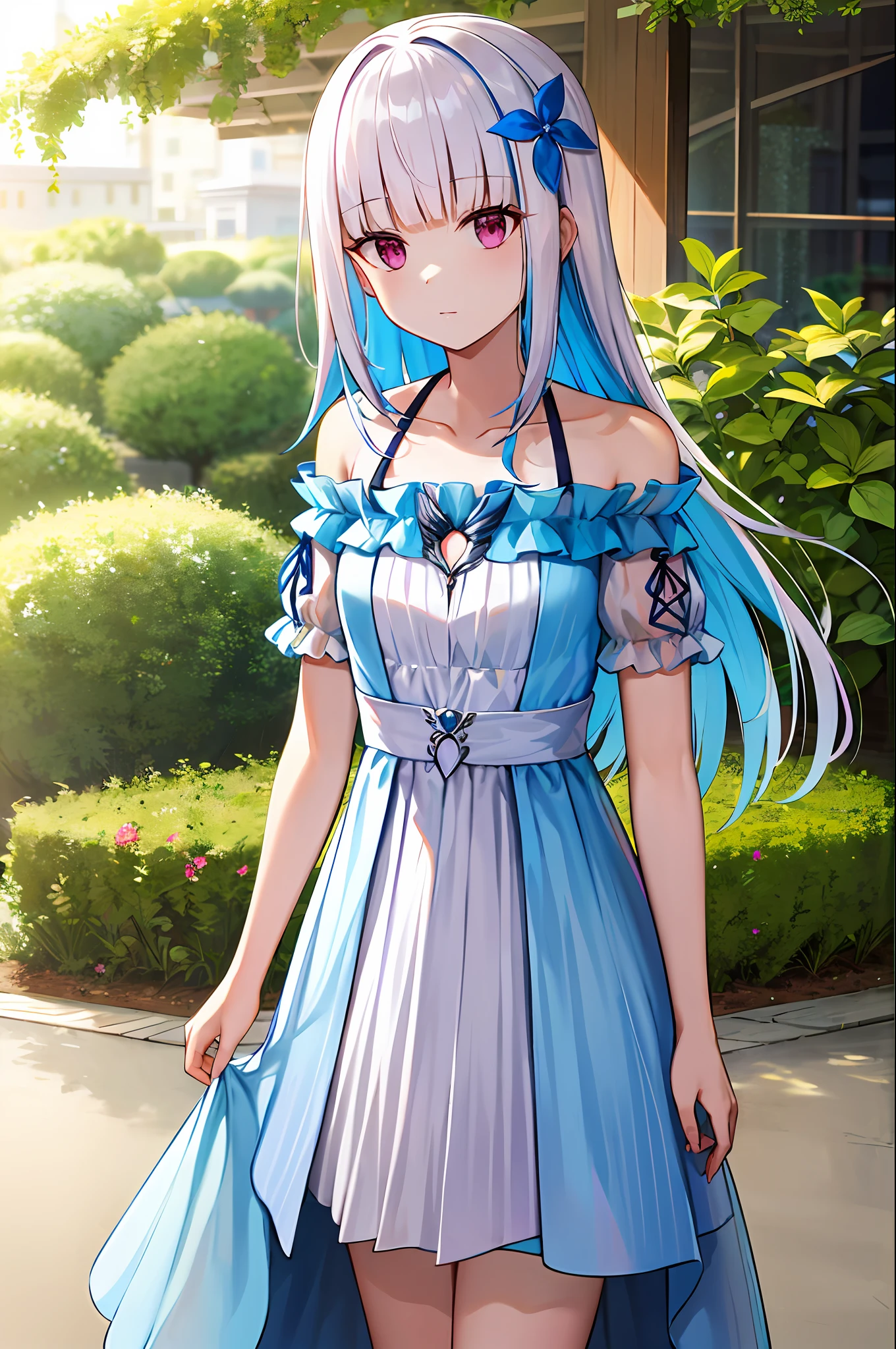 masterpiece, best quality, highres, lh1, hair flower, long hair, white dress, bare shoulders, collarbone, short sleeves, cowboy shot, standing, outdoors,