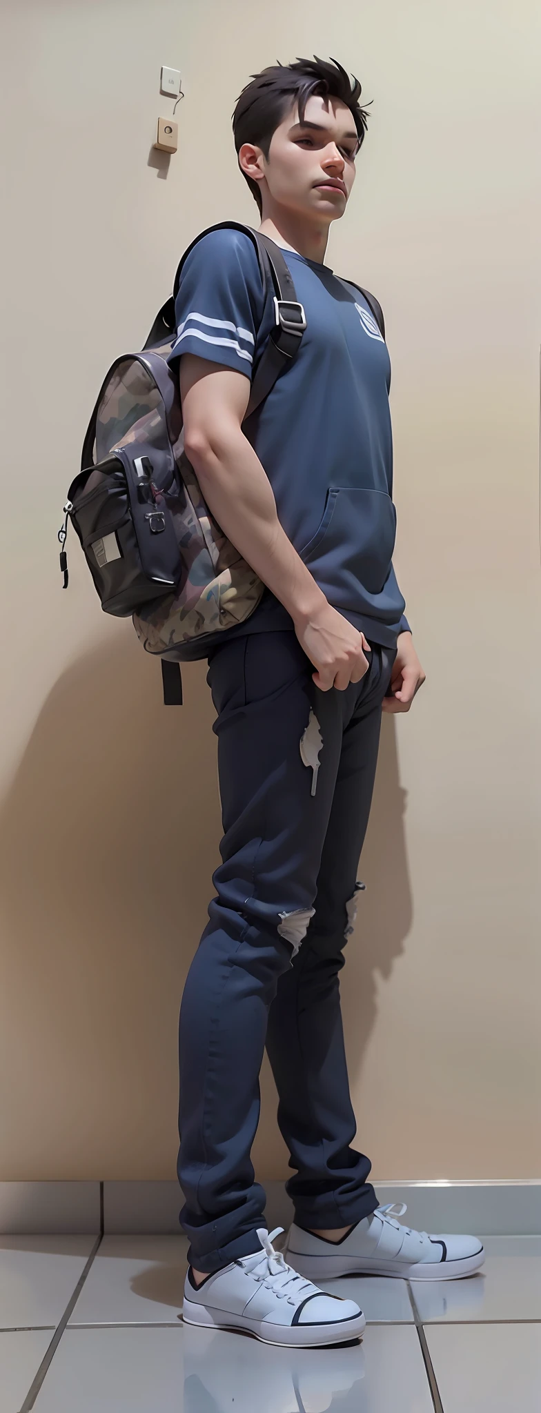 There is a young man standing in a room with a backpack, imagem de corpo inteiro, Perfil de corpo inteiro, full body profile camera shot, foto da roupa, tiro de corpo inteiro!!, tiro de corpo inteiro, usando camuflagem, zoomed out full body, Pose casual, full body photogenic shot, distant full body view, corpo inteiro!, dessaturados!!, imagem de qualidade muito baixa