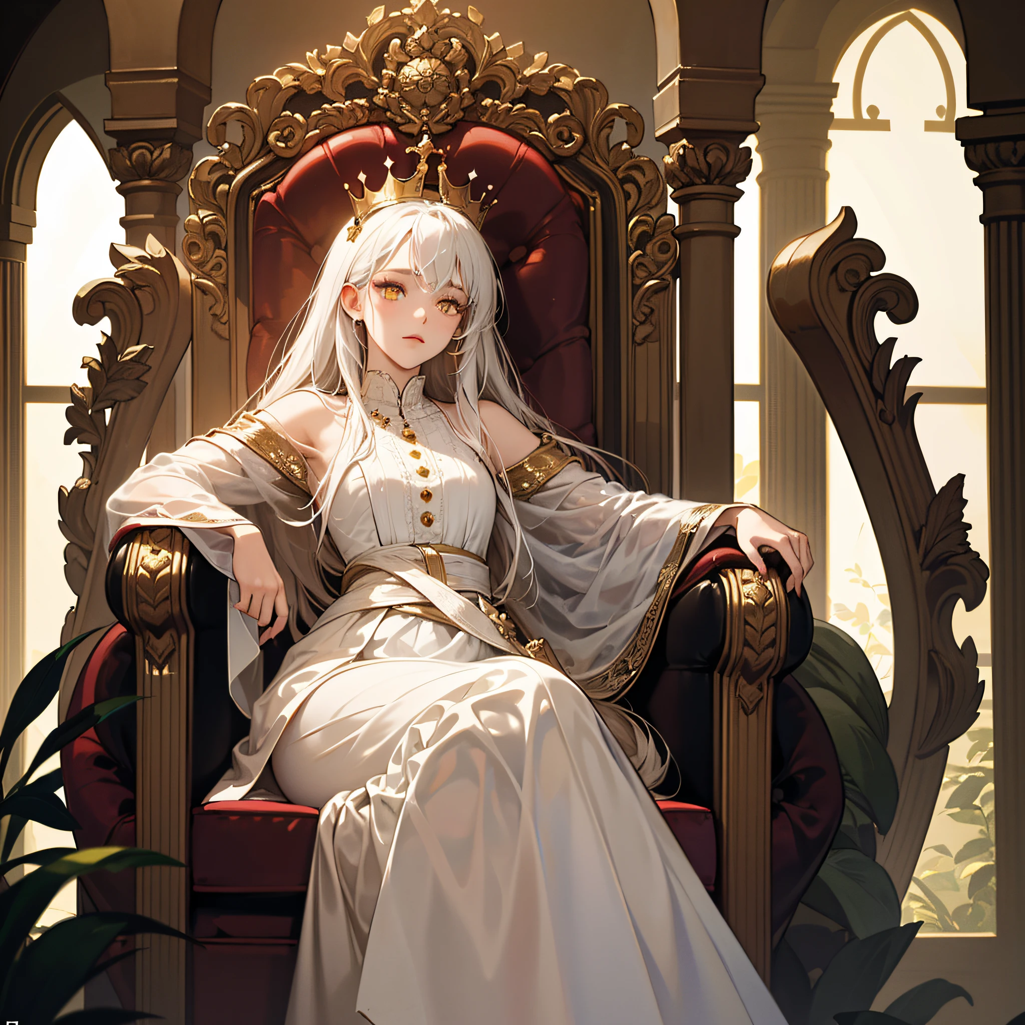 (Masterpiece:1.2), best quality, (illustration:1.2), (ultra-detailed), hyper details, (delicate detailed), (intricate details), (cinematic light, best quality Backlights), clear line, from below, soloist, perfect body, (1girl), white hair and yellow eyes, (emperor, black see-through clothes), (crown: 1.1), sitting on the throne, eyes slightly closed, head down, (shy: 1.2 ), (makeup), high contrast, (best illumination, an extremely create and beautiful), (cinematic light), colorful, --auto