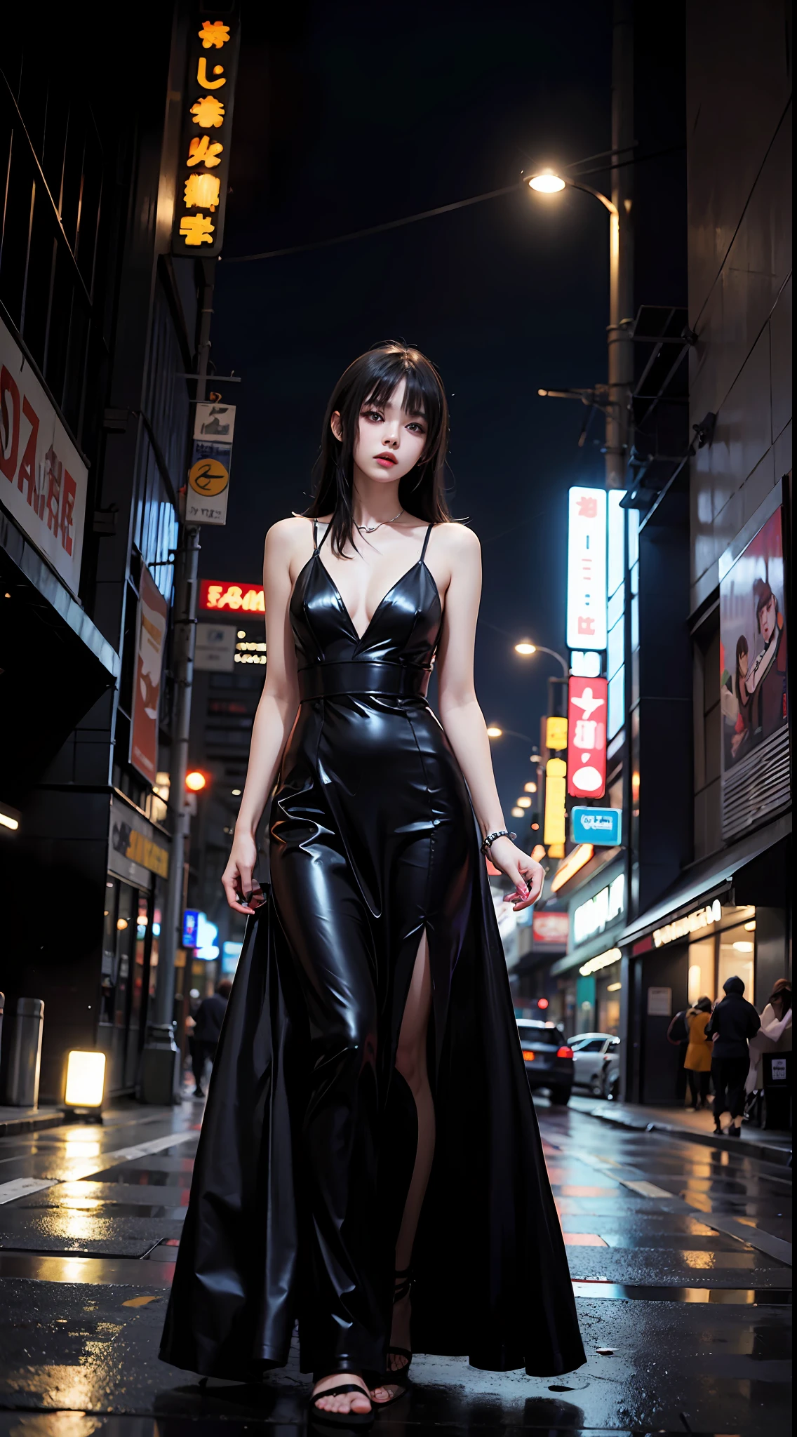 Anime style, cyberpunk, cybercity, night, black hair, long haircut,, street style, long dress, candy color, vintage