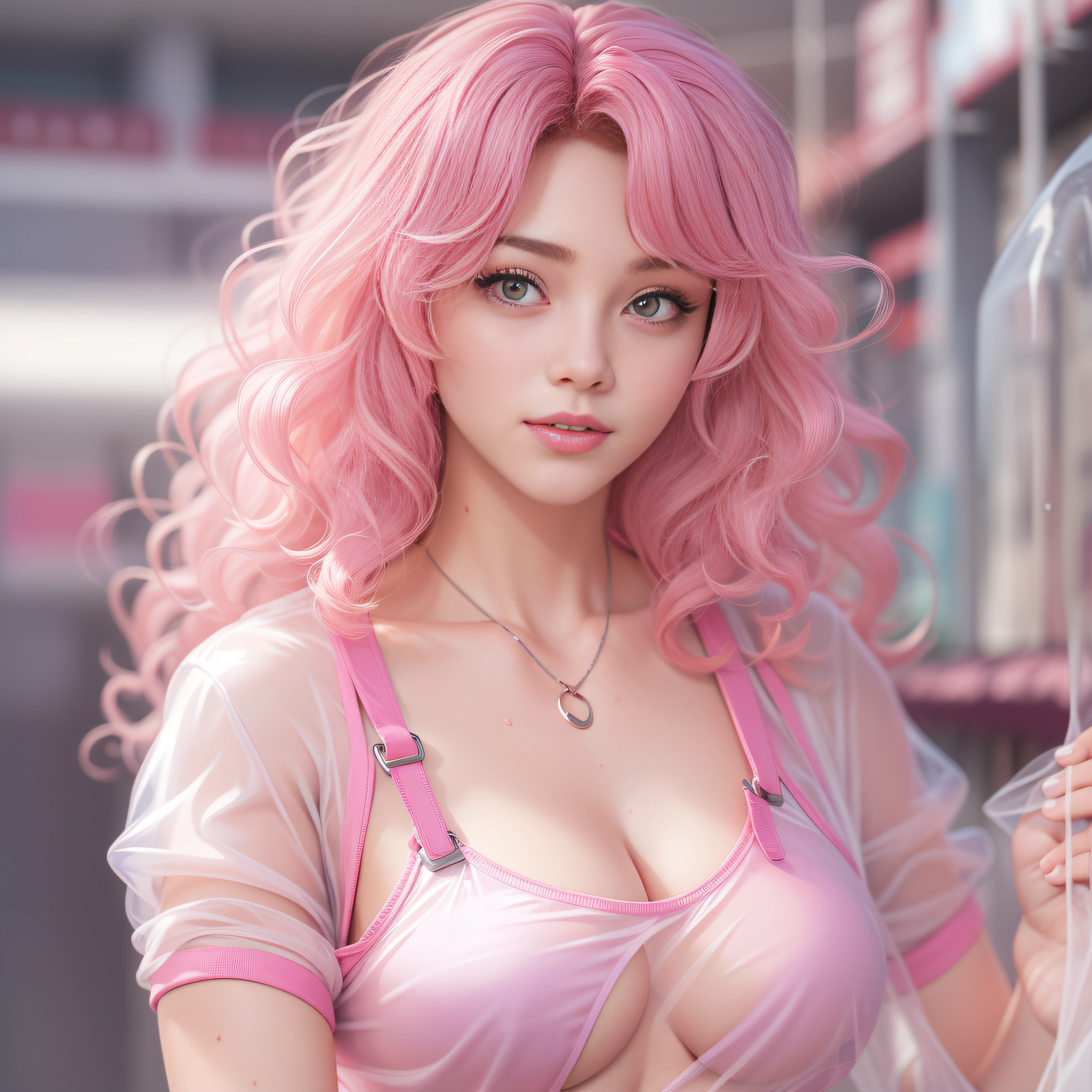 The chest cover part is very small, (huge plump chest) (wet clothes, close to the body) (chest visible through the clothes) (pink (transparent) open-chest shirt) (pink (transparent) open-chest shirt) 17-year-old female student, (full chest), (pink (transparent) open-chest shirt), (visible chest through clothes) (fleshy), can expose the chest, white miniskirt, panties can be seen, background is street, traffic, perfect figure, delicate facial features, pink curly hair, transparent suspenders, open legs, Feminine sexy pose, full body portrait, perfect hands
