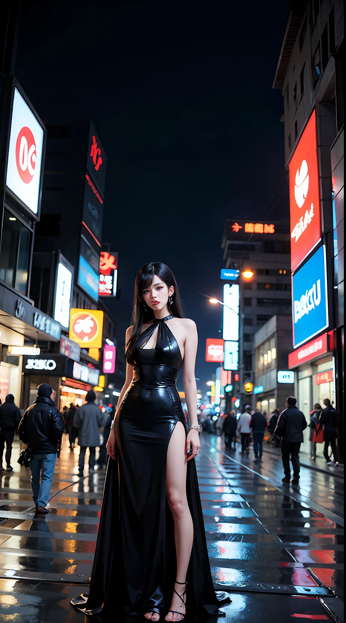 Anime style, cyberpunk, cybercity, night, black hair, long haircut,, street style, long dress, candy color, vintage