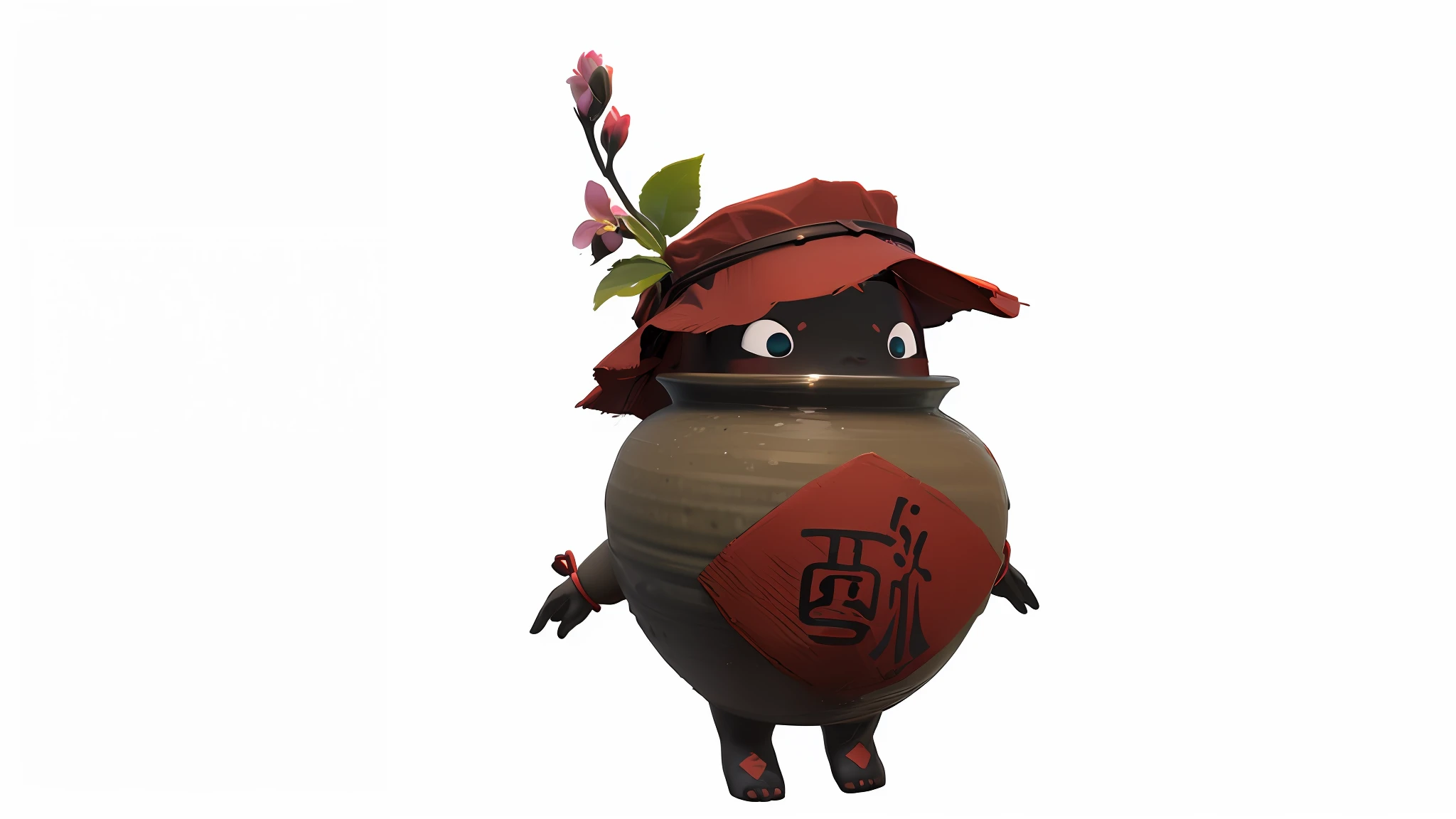 There was a cartoon kettle,There is a flower inside, 3D model of a Japanese mascot, cute character, highly detailed character, marmoset toolbag rendered, Inspired by Hu Zaobin, inspired by Tani Bunchō, pot, lunar themed attire, kenku,white backgrounid