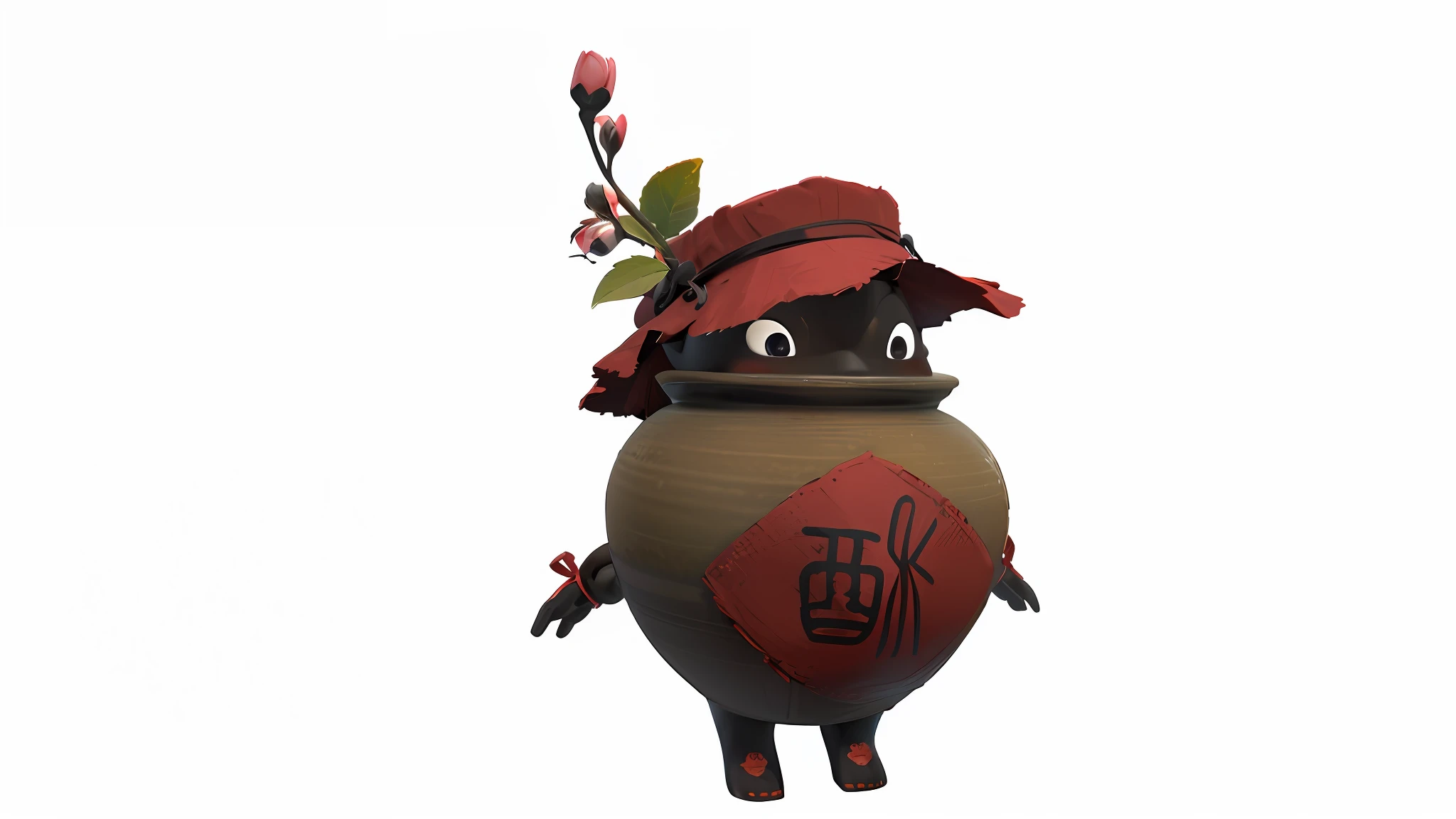 There was a cartoon kettle,There is a flower inside, 3D model of a Japanese mascot, cute character, highly detailed character, marmoset toolbag rendered, Inspired by Hu Zaobin, inspired by Tani Bunchō, pot, lunar themed attire, kenku,white backgrounid