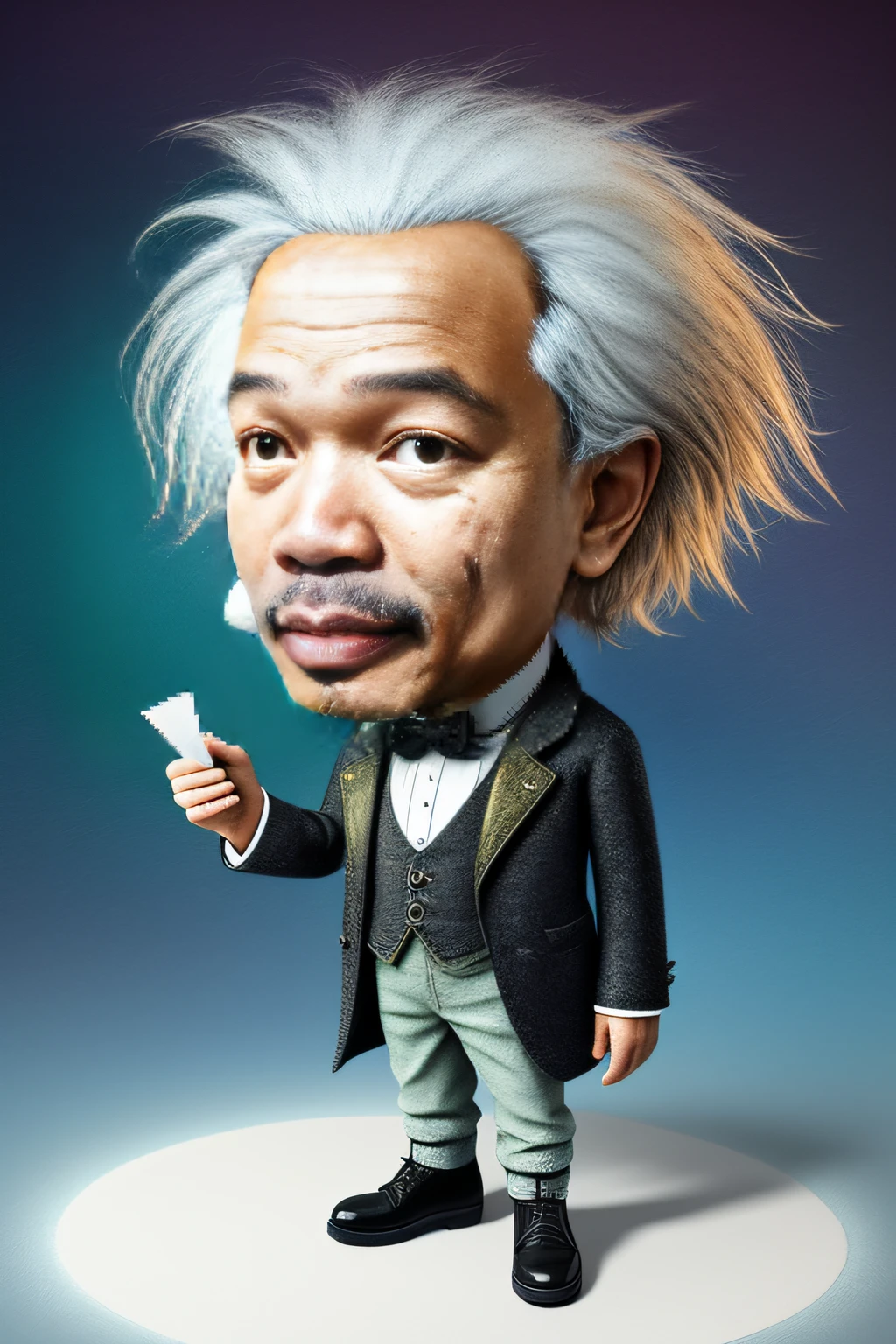 Character portrait of Albert Einstein, standing on stage, side profile, caricature, chibi, kawaii,3d rendering, octane rendering, volumetric light, victorian fashion, metallic, highly-detailed symmetric face, detailed eyes, ultra sharp, highest quality, art by Anja Millen and George Cruikshank and Bordalo II, smooth, sharp focus, trending on artforum, behance hd, kids story book style, muted colors, watercolor style