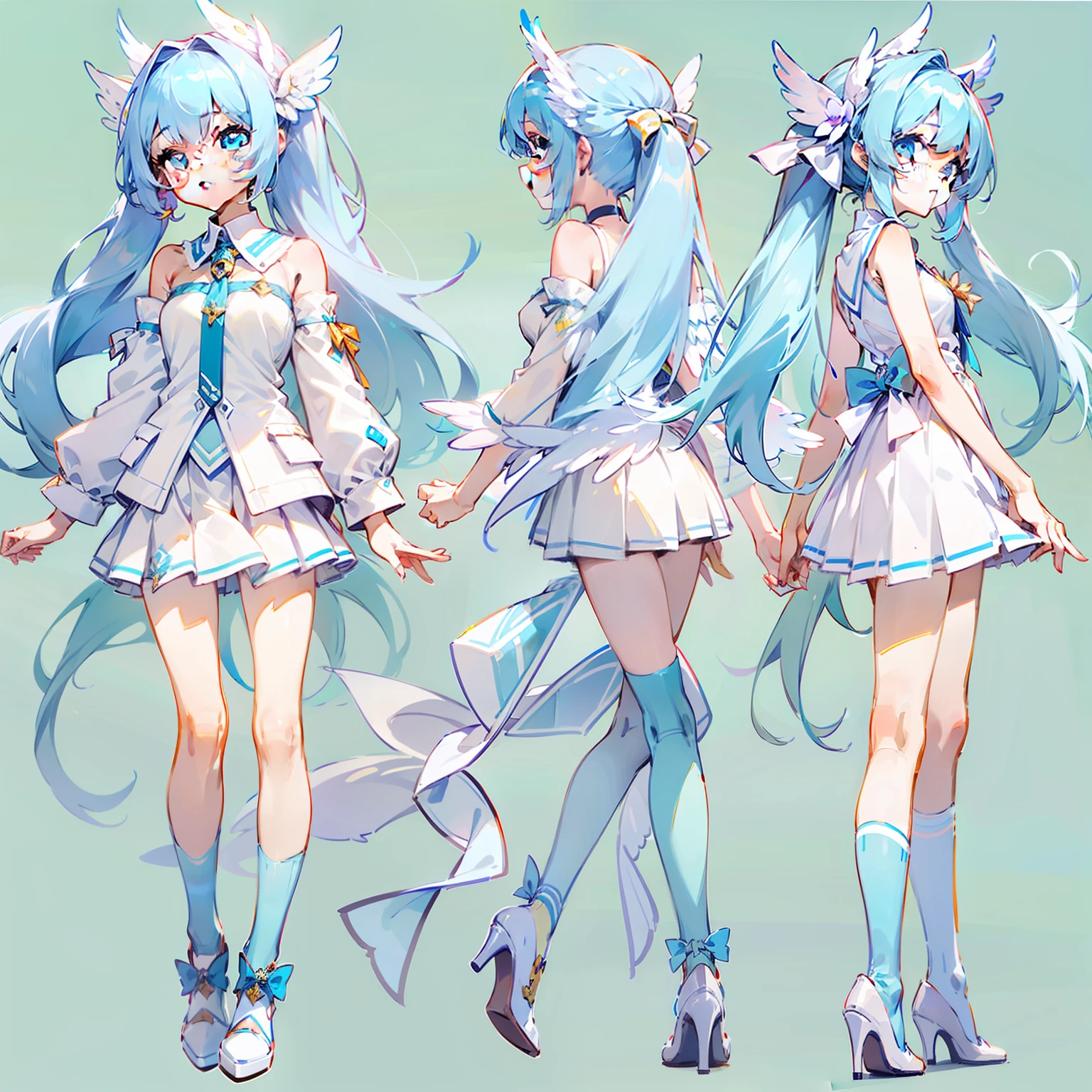 Campus background,-yeld gilightblue hair,Tied with a single long ponytail,an orchid flower,Light blue 10cm heels,Light blue bow,White top,cropped shoulders,Short skirt in light blue,light blue hair,light eyes,white clothes,thin very long legs,Angel white wings,Cute and sweet,rejoice,full bodyesbian,high high quality