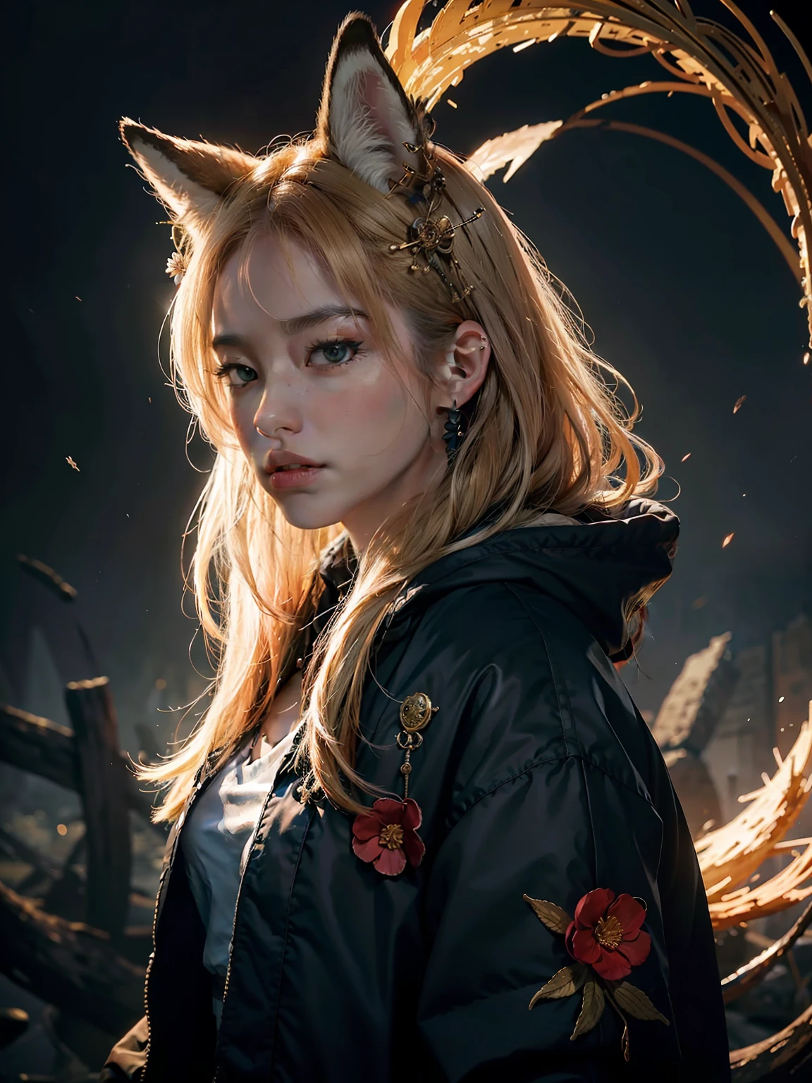 1girl, solo, official art, unity 8k wallpaper, ultra detailed, beautiful and aesthetic, masterpiece, best quality, photorealistic, (abstract background) (zentangle, mandala, tangle, entangle background:0.7) Kitsune, fox mask, haori jacket, foxfire spell, fox familiar, transformation, depth of field, Fantastical Atmosphere, the most beautiful form of chaos, elegant, a brutalist designed, flower of death, ecstasy of flower