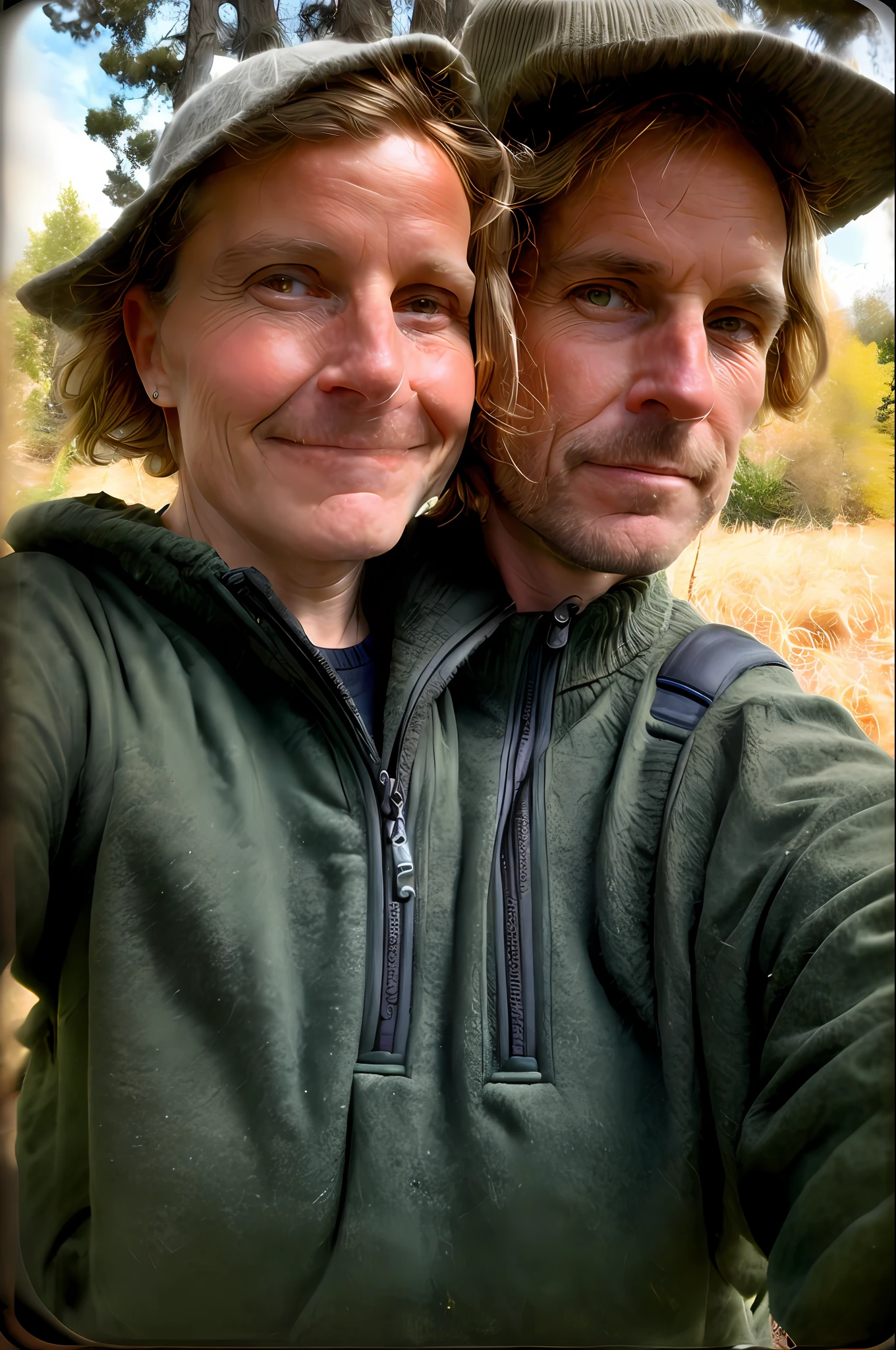 2heads,1 woman((upper body selfie, happy)), masterpiece, best quality, ultra-detailed, solo, outdoors, (night), mountains, nature, (stars, moon) cheerful, happy, backpack, sleeping bag, camping stove, water bottle, mountain boots, gloves, sweater, hat, flashlight, forest, rocks, river, wood, smoke, shadows, contrast, clear sky, analog style (look at viewer:1.2) (skin texture) (film grain:1.3), (warm hue, warm tone)
:1.2), close up, cinematic light, sidelighting, ultra high res, best shadow, RAW, upper body, old man, wearing pullover
