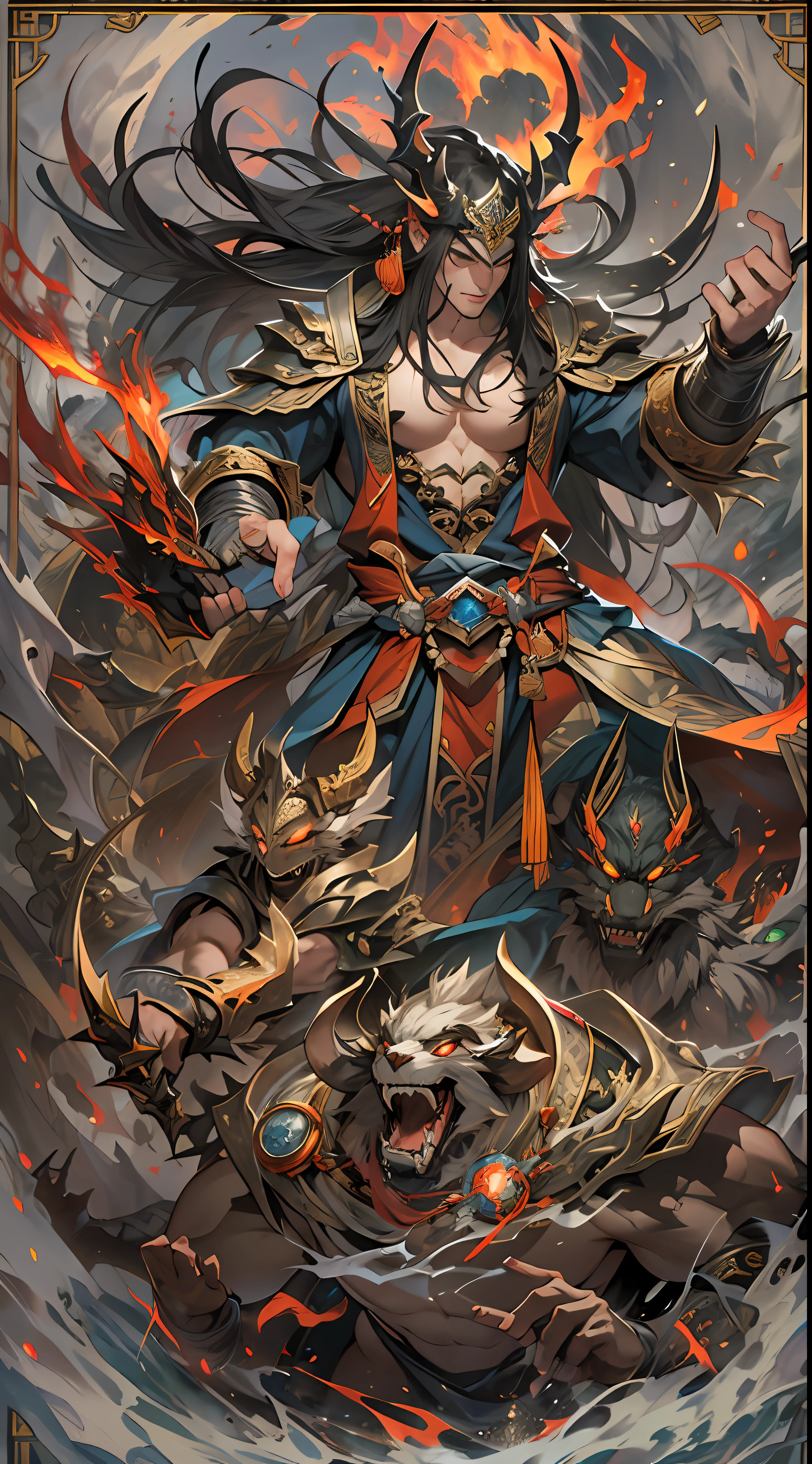 Li Gu exudes an aura of victory, having successfully defeated the invaders. However, there is still a significant gap in strength between them and Li Gu, and the Divine Beast Alliance and the Demon God Alliance have no intention of letting them go, , 32k, best quality, masterpiece, super detail, high details,