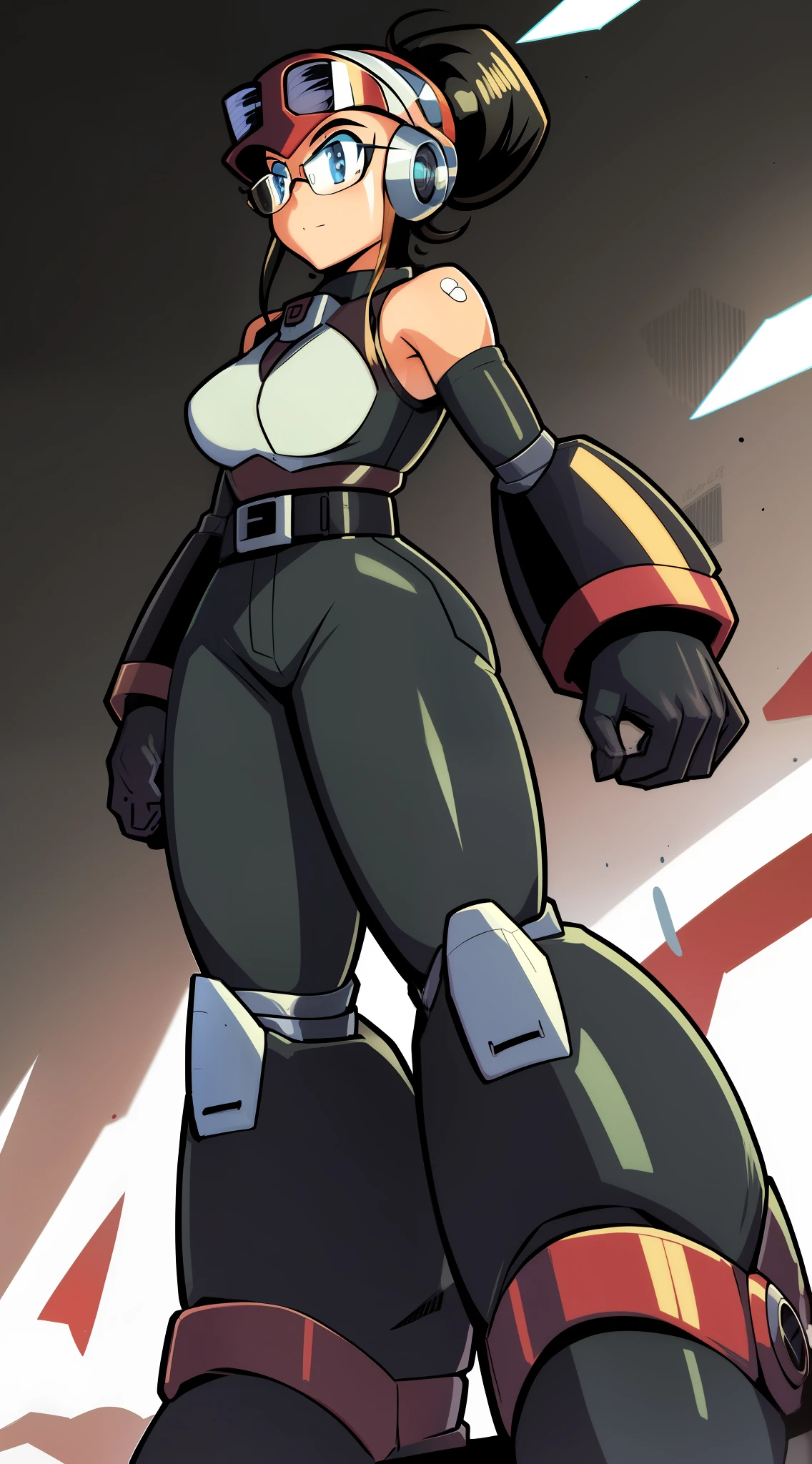 1Girl, Heavily armored, cybernetic heavy glasses/cyber visor covering eyes, gloves, skirt, heavy cybernetic boots, heavy cybernetic arms, heavy cybernetic torso, waist belt, Visor Glasses, megamanX heavy armor, long black pony tail, aviator goggles on forehead, heavy thick black hair, metallic skirt, sleeveless jacket over armor, red and white armor