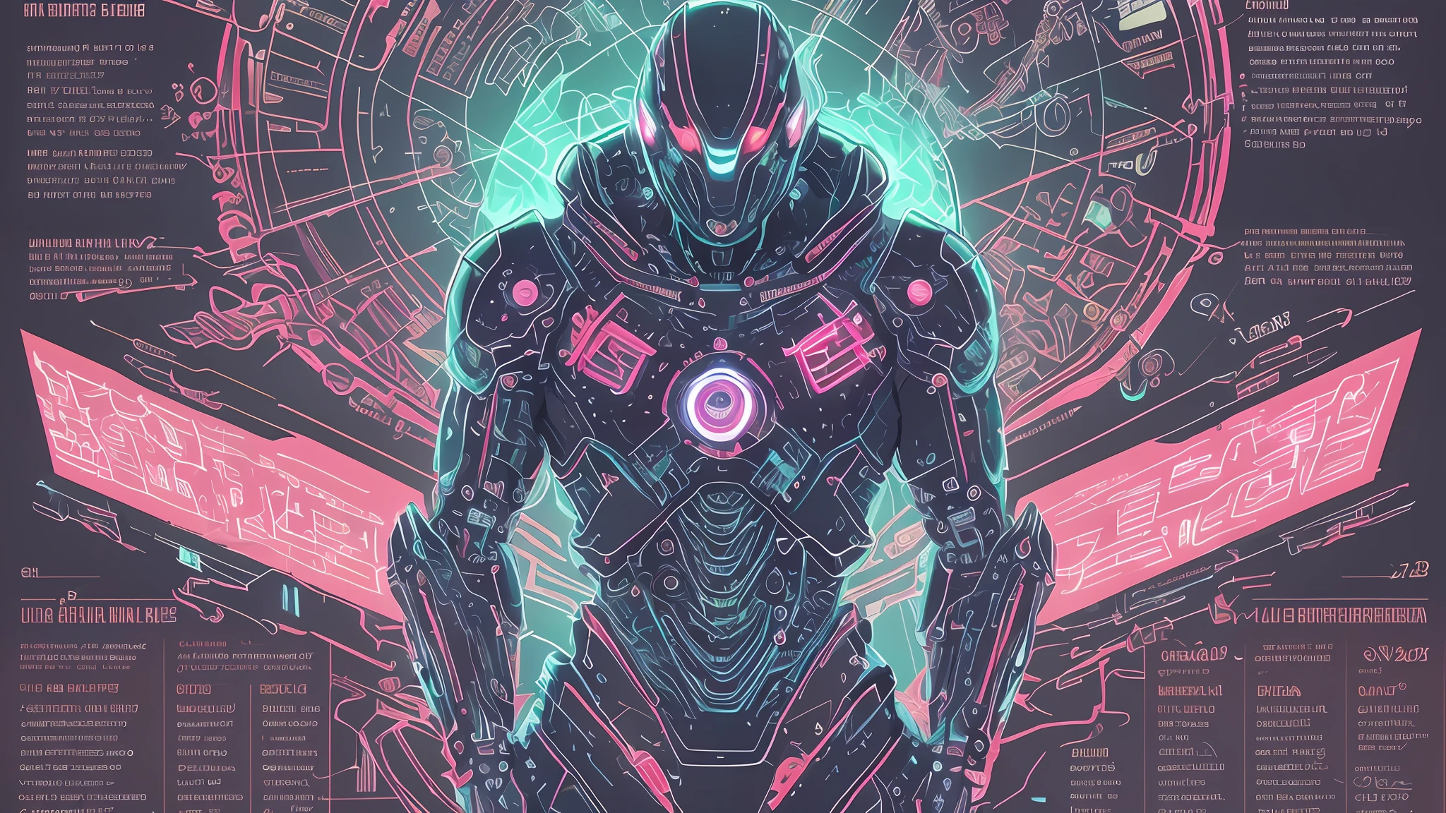 a cybernetic android creature, information modeling, blueprints, ultra-details, data visualization, infographics, warm neon color palette --auto --s2