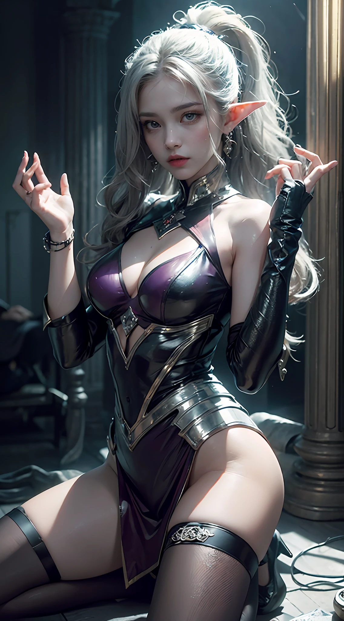 ((best qualtiy)), ((A masterpiece)), (detail:1.4), 3D beauty, A beautiful elven fantasy beautiful girl，Elf long ears，ear studs，（Kneeling pose+），（（Long silver hair，hair-bun:1.9））,（long purple skirt：1.6）（Black stockings beautiful legs，heeled sandals：1.6）（Western European medieval style，Metal Temple，：1.6），Metallic sequins，West Phantom Wind,closeup of face,closeup of face，（Extremely normal hands,Extremely normal legs）,hdr（HighDynamicRange）,Ray traching,NVIDIA RTX,Hyper-Resolution,illusory 5,Subsurface scattering、PBR Texture、post-proces、Anisotropy Filtering、depth of fields、maximum definition and sharpness、Many-Layer Textures、Albedo e mapas Speculares、Surface coloring、Accurate simulation of light-material interactions、perfectly proportioned、rendering by octane、Two-colored light、largeaperture、Low ISO、White balance、Rule of thirds、8KRAW