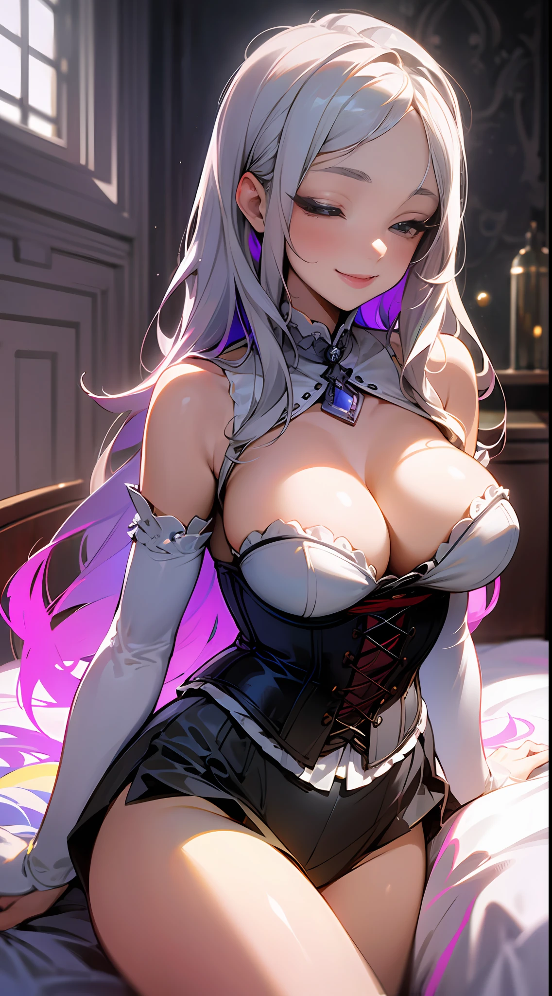 ((masterpiece))、ultra-detailliert、Beautuful Women、Long grey hair、heavy make-up、age19、a smile、looking in camera、(Wearing a detailed white corset)、large full breasts、thick leg、A sexy、inside in room、Sleeping in bed、Detailed room with bright colors、(light through the window)、Natural luminescence --auto --s2