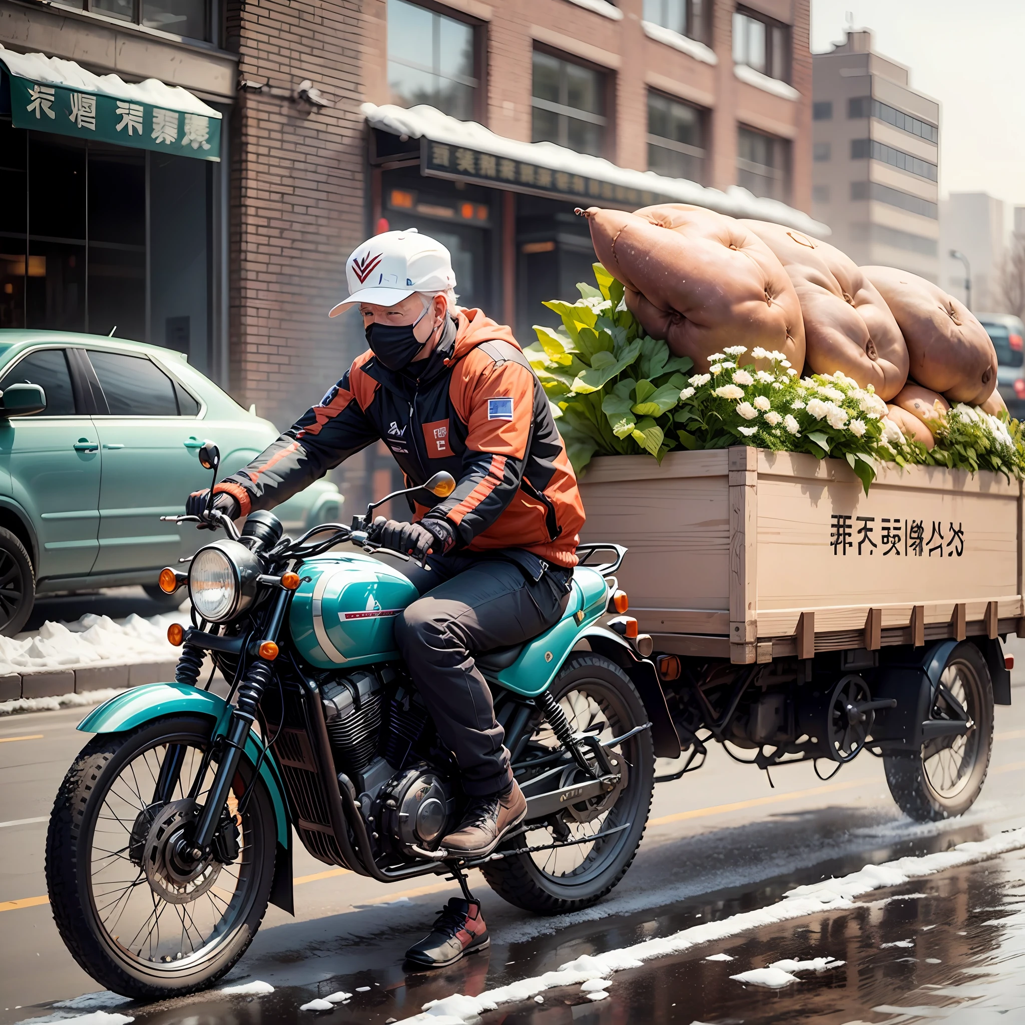 Trump，Biden teamed up together in Beijing winter，show face,On the street，Pushing a flatbed，Sell baked sweet potatoes --auto