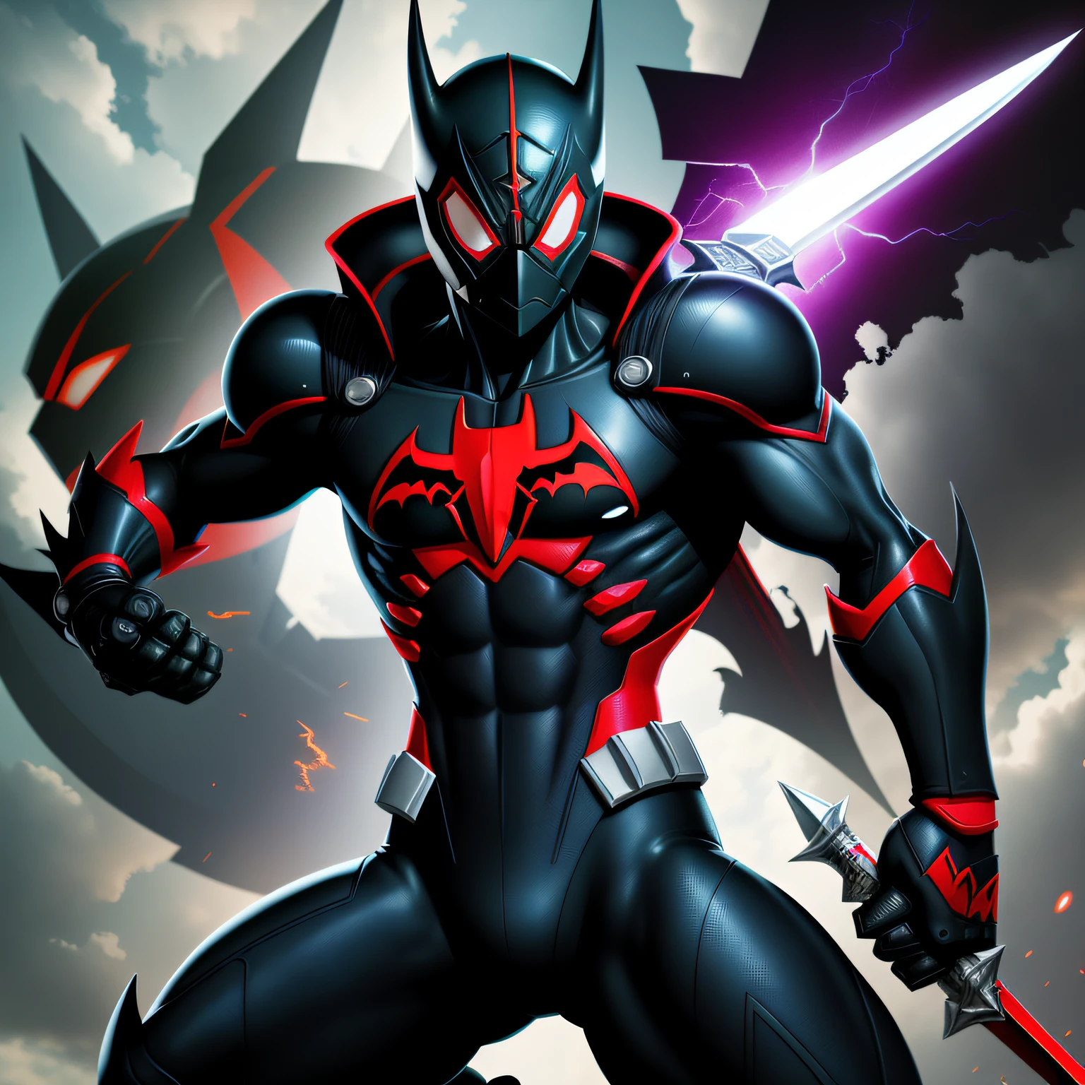 A closeup of a person with a sword in a comic book, batman beyond, SSSS.Gridman, Mazinger, Roupa X-Force de corpo inteiro, foto do perfil, Miles Morales, next gen, Matoi Ryuko, armadura refletida preta e vermelha, arte completa, estilo de SSSS.Gridman (2018), Miles Morales!!!