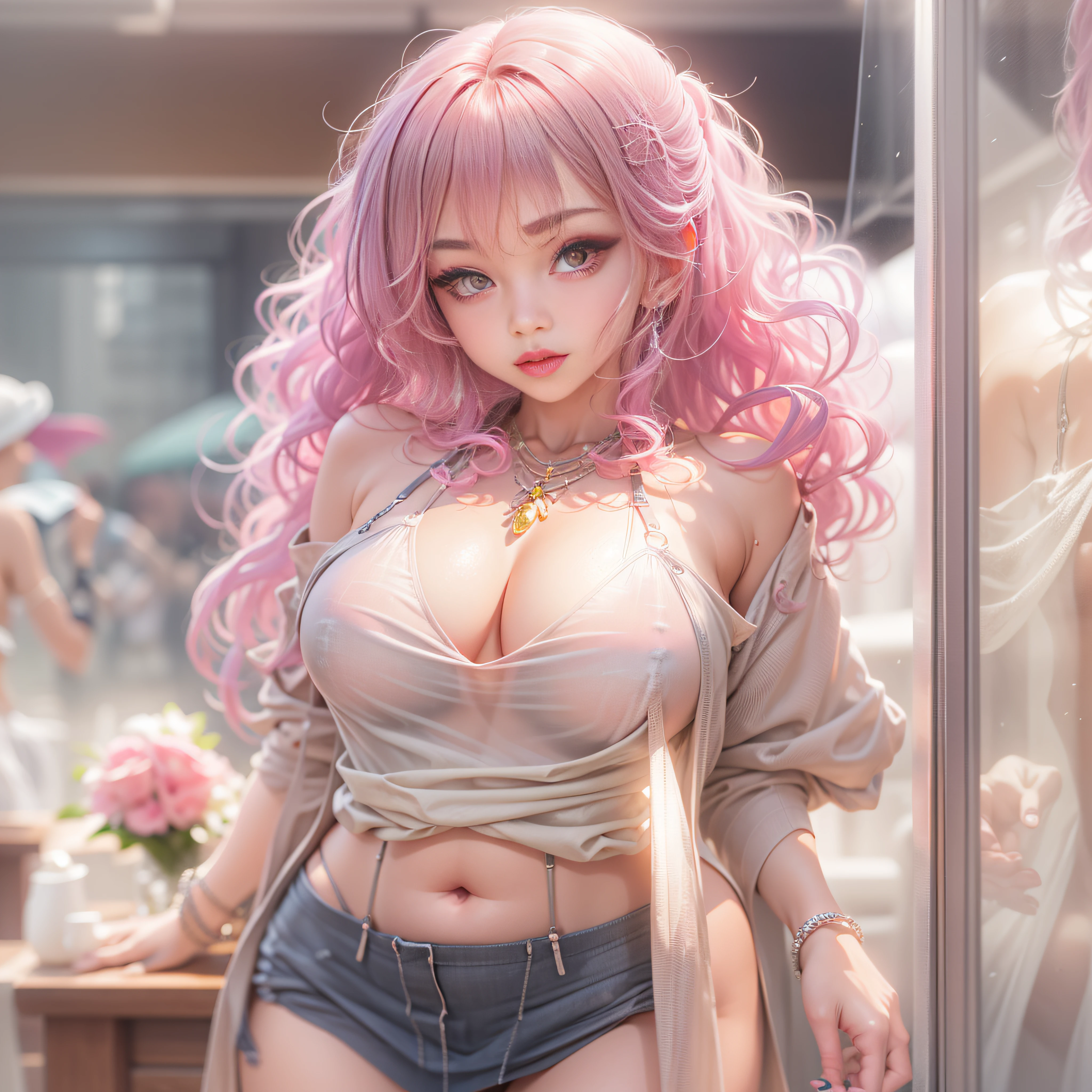 The chest cover part is very small, (huge plump chest) (wet clothes, close to the body) (chest visible through the clothes) (pink (transparent) open-chest shirt) (pink (transparent) open-chest shirt) 17-year-old female student, (full chest), (pink (transparent) open-chest shirt), (visible chest through clothes) (fleshy), can expose the chest, white miniskirt, panties can be seen, background is street, traffic, perfect figure, delicate facial features, pink curly hair, transparent suspenders, open legs, Feminine sexy pose, full body portrait, perfect hands