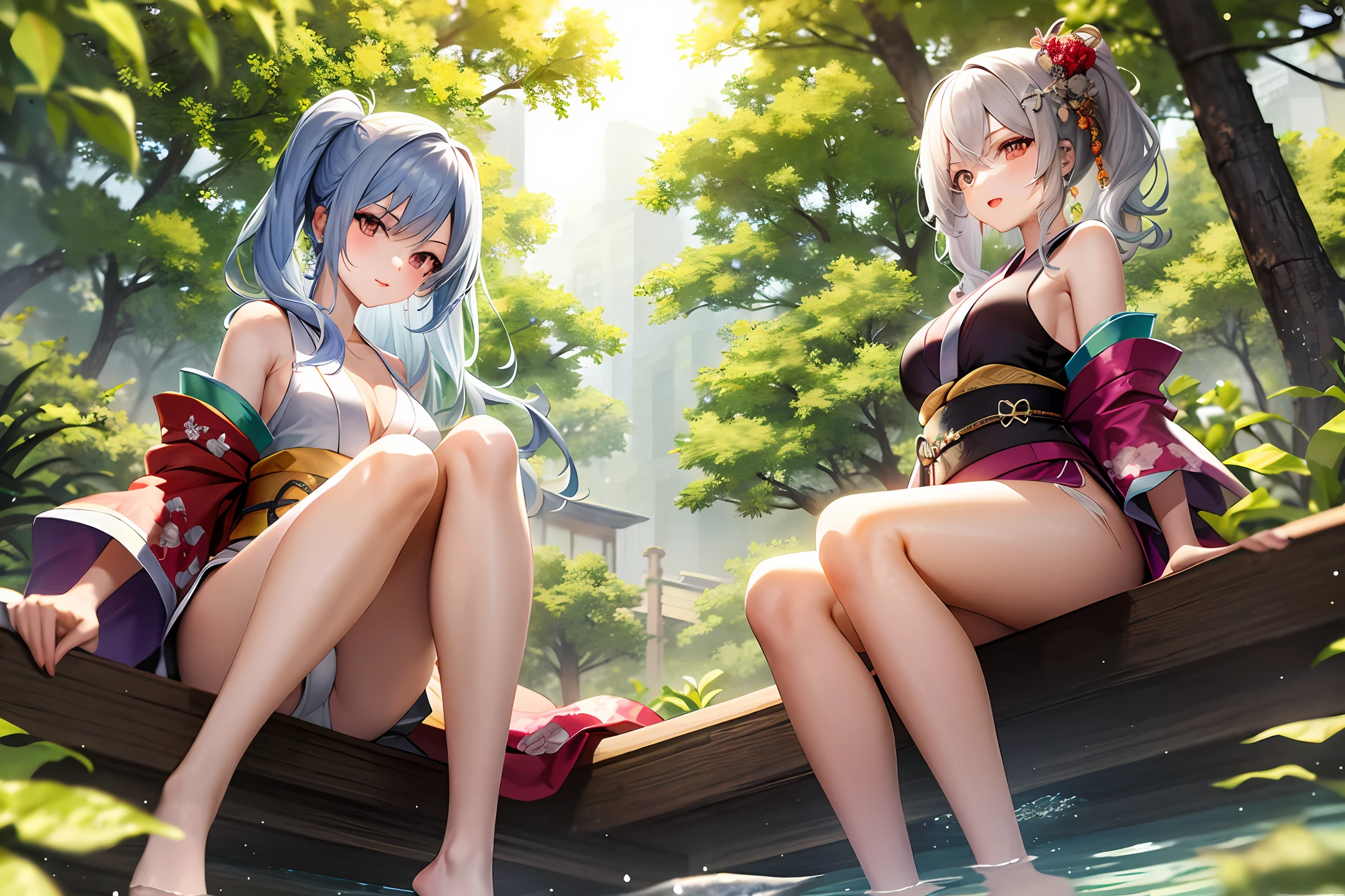 Girl with white hair，Japan kimono，Sit on a branch，Split legs，White panties are exposed，Soaked，Wearing torn white silk