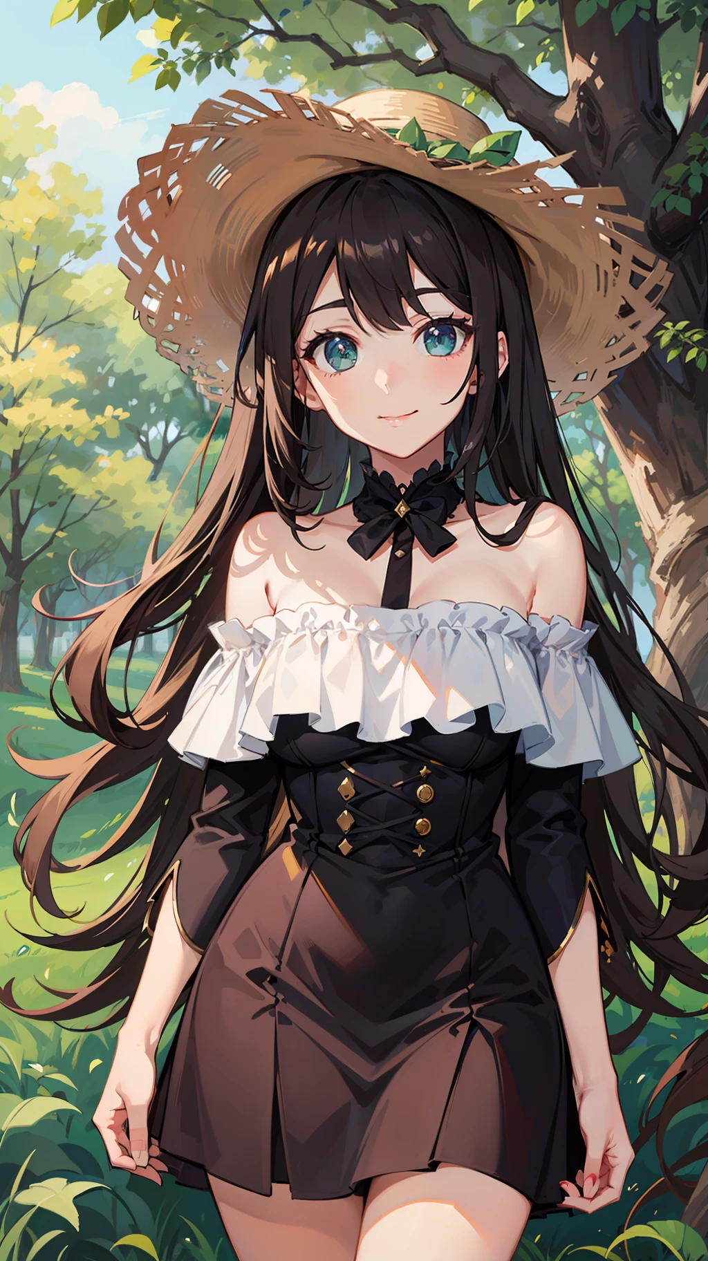 a woman in an anime style dress is standing in some green trees in the grass, 1girl, solo, long hair, outdoors, dress, big eyes, off-shoulder dress, hat, pretty girl, off shoulder, looking at viewer, smile, brown hair, bare shoulders, tree, tilted headwear, breasts