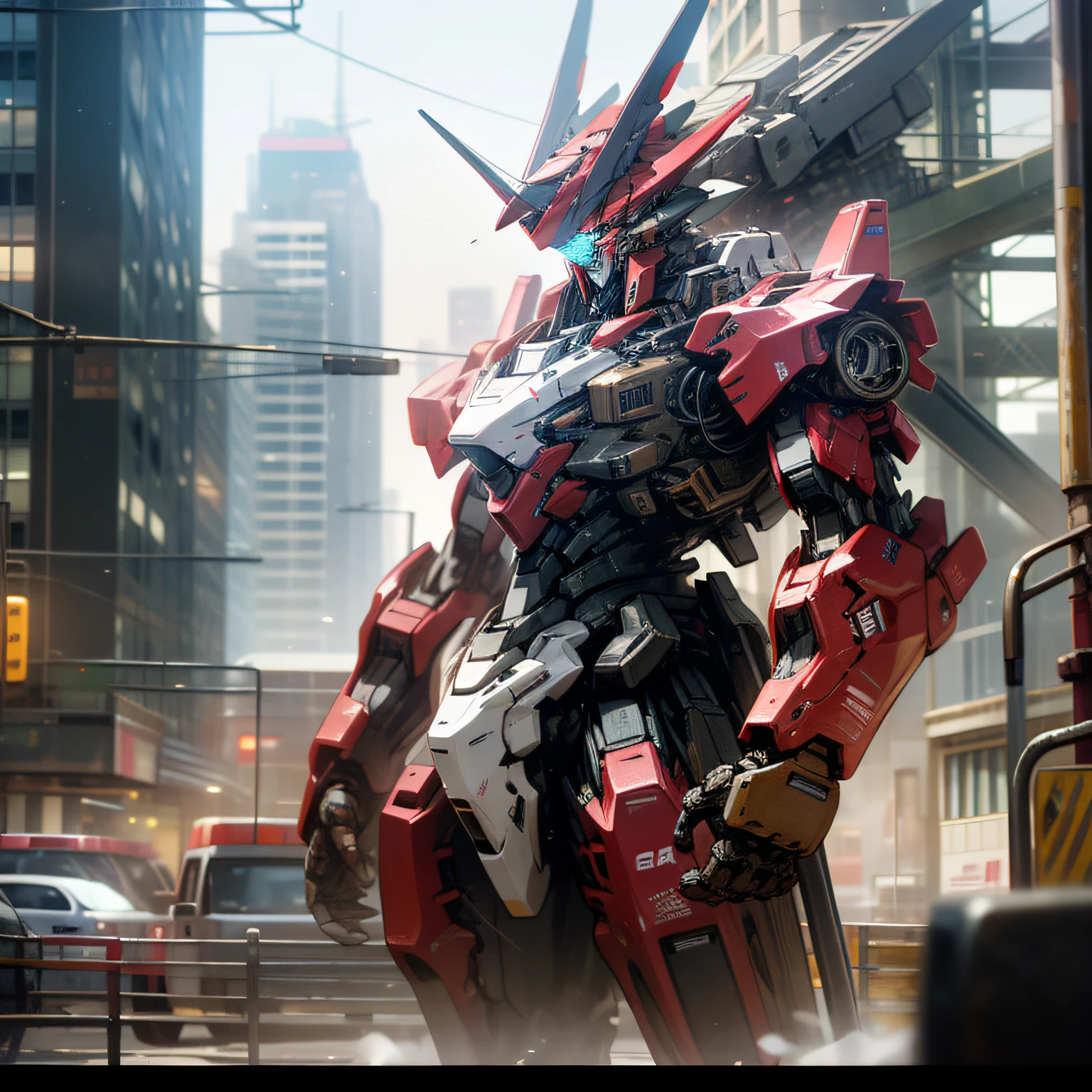 mechs，8k，detail-rich，Bokeh the background of city tall buildings，stand posture --auto