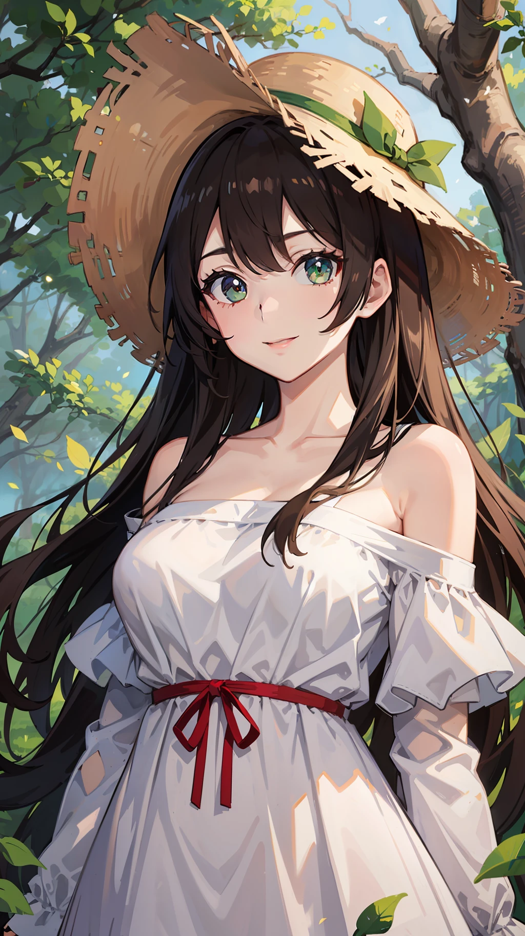 a woman in an anime style dress is standing in some green trees in the grass, 1girl, solo, long hair, outdoors, dress, big eyes, off-shoulder dress, hat, pretty girl, off shoulder, looking at viewer, smile, brown hair, bare shoulders, tree, tilted headwear, breasts