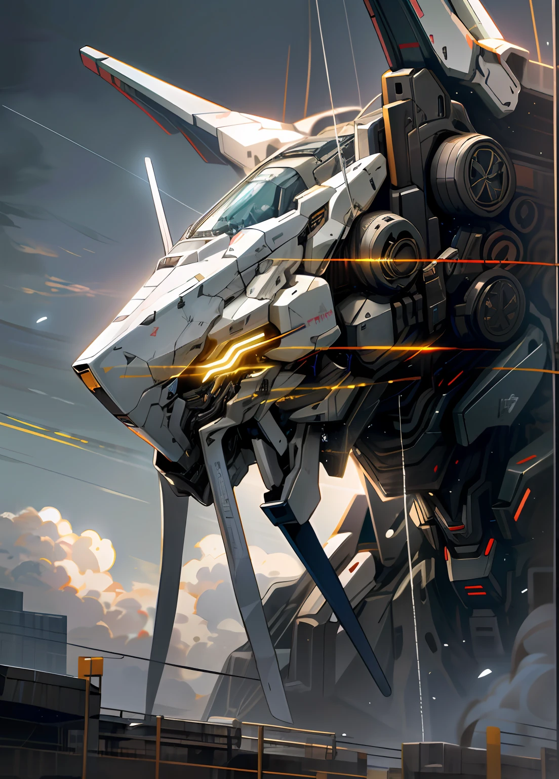 Skysky,clouds,Holding_arma,No_Humanity,with light glowing,,droid,buliding,,火焰,Glowing_Eyes,Mecha,scientific fiction,城市,Realistis,Mecha