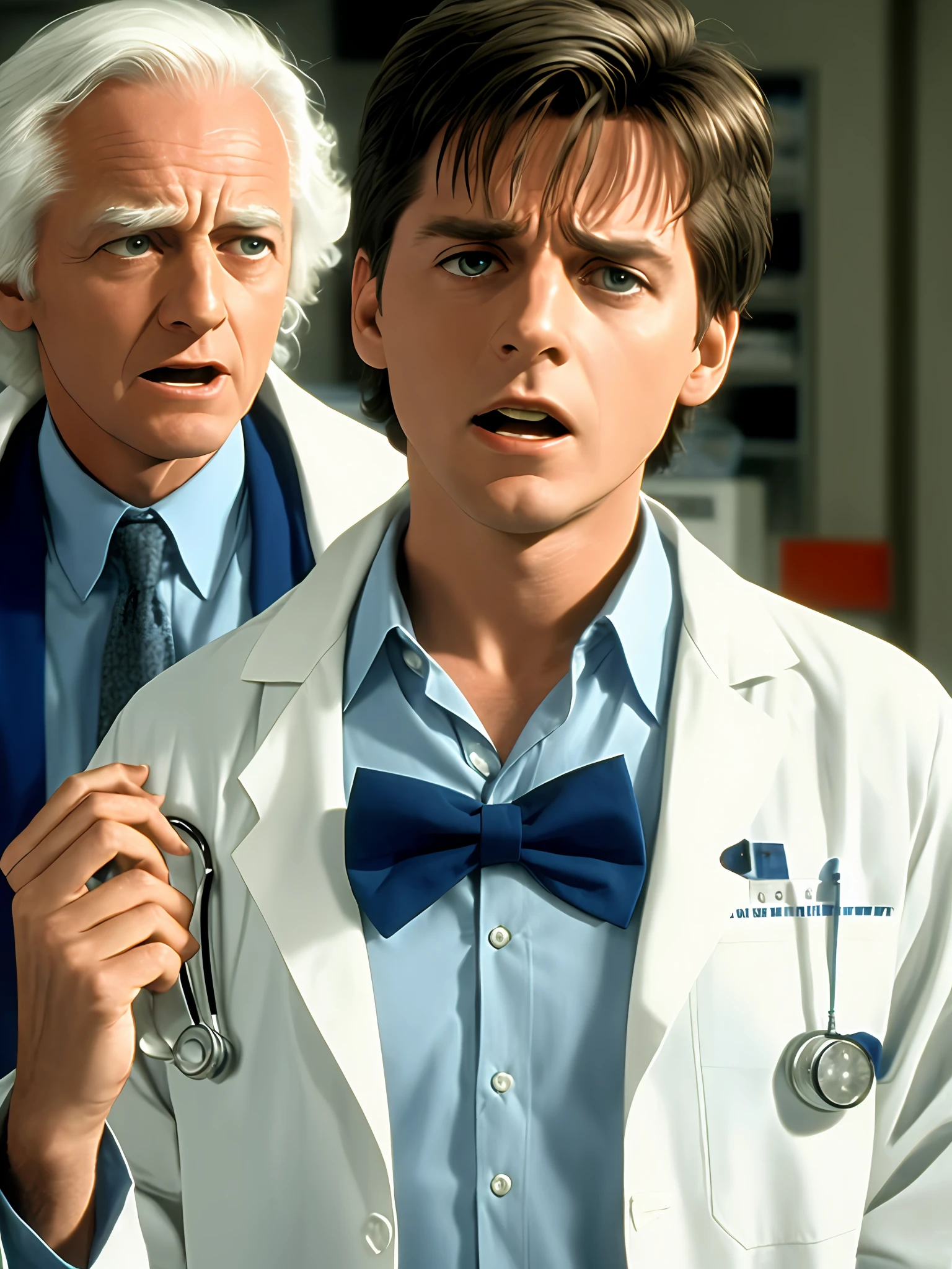 (best quality, high quality, good quality)
doctor emmet brown, back to the future,
(facing viewer, looking at viewer) , thin man with white hair , wearing blue shirt bowtie, white lab coat, worried anxious surprised shocked expression ,